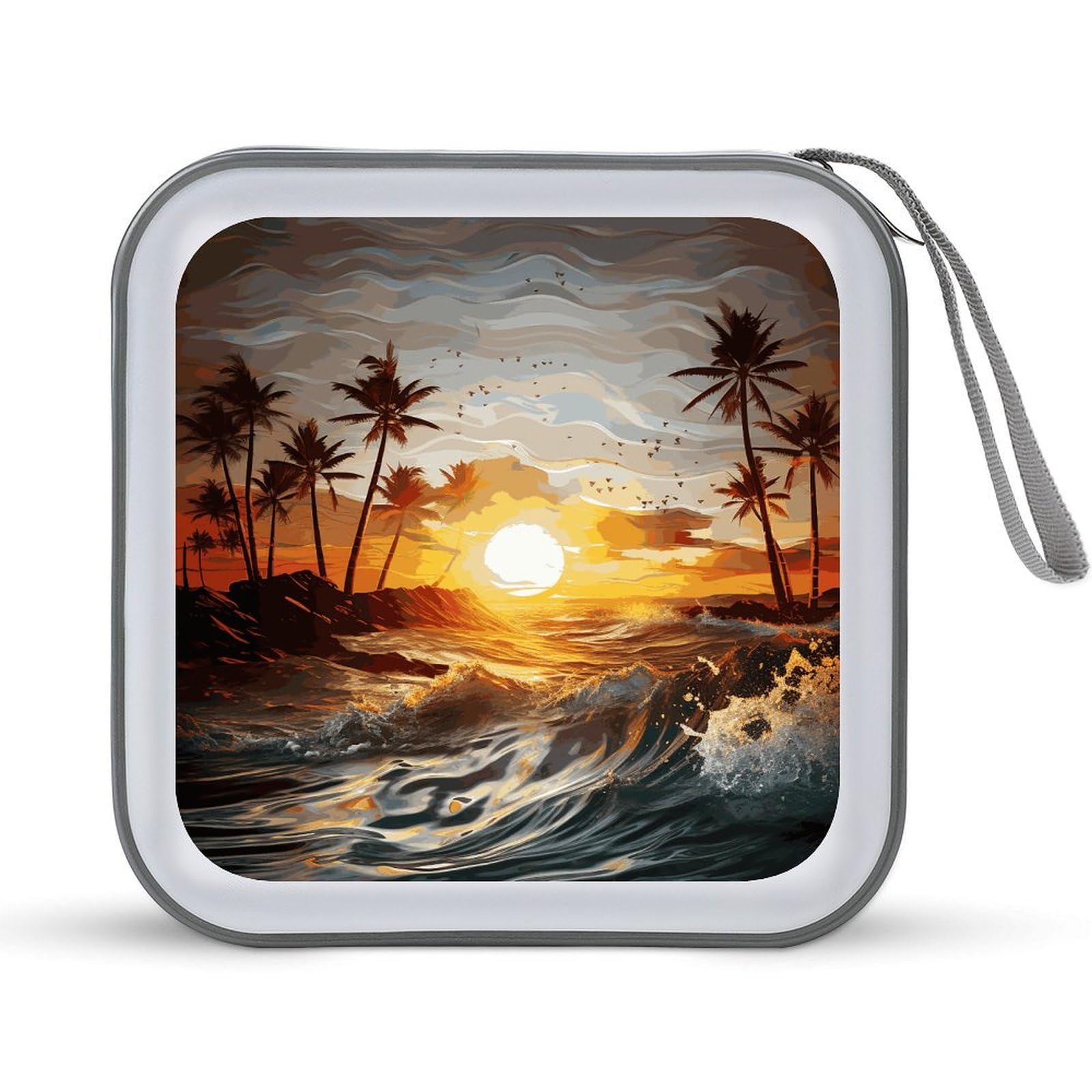VstaDank Palm Trees Ocean Waves Sunset 40 Capacity CD Protective Case with Zipper, Portable CD Collection, DVD Box with Handle for Movies, Blu Ray, Audio Disc and Music