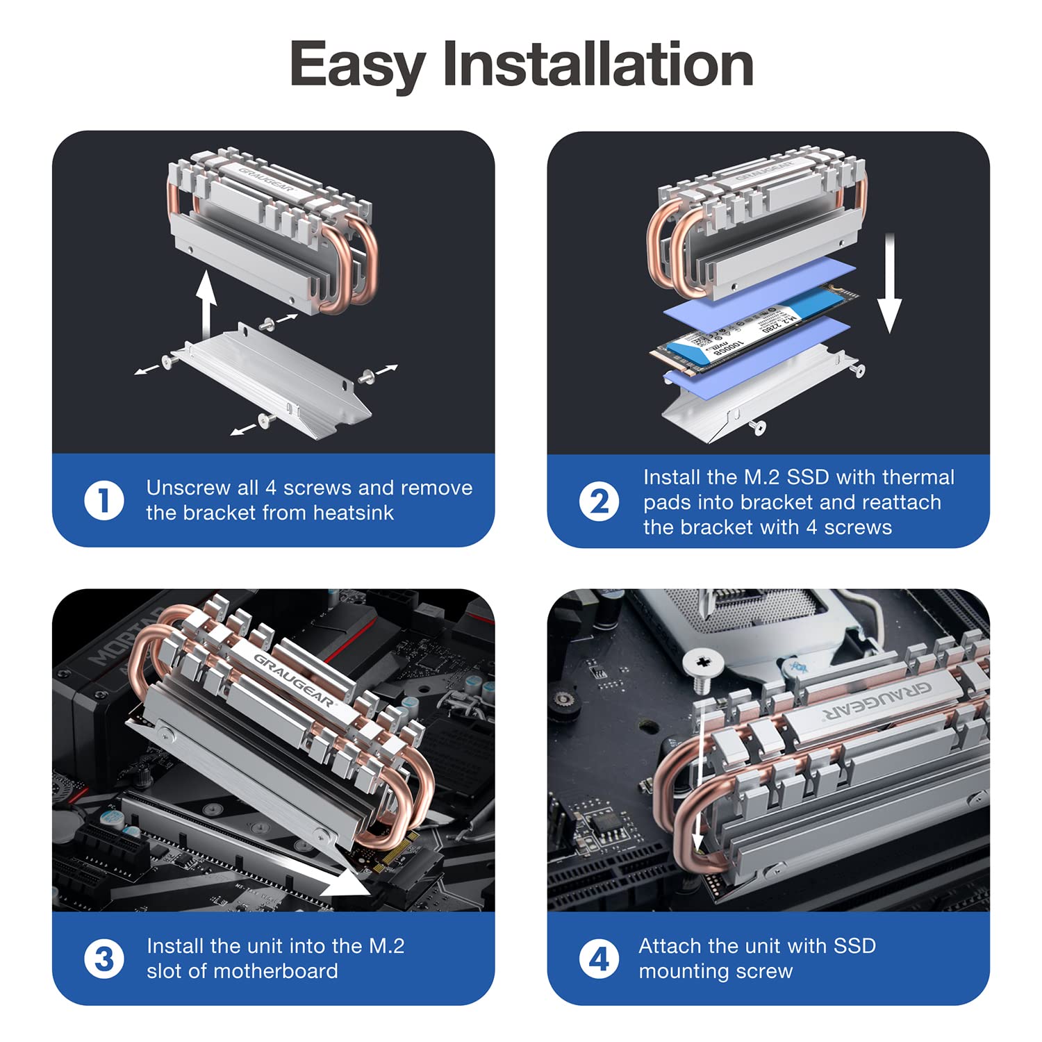 GRAUGEAR M.2 2280 NVMe SATA SSD radiator, bezpośredni dotyk Heatpipe, podwójne miedziane rury cieplne, konstrukcja płyty ze stopu aluminium, 2 podkładki przewodności cieplnej w zestawie, wysokość 3,4