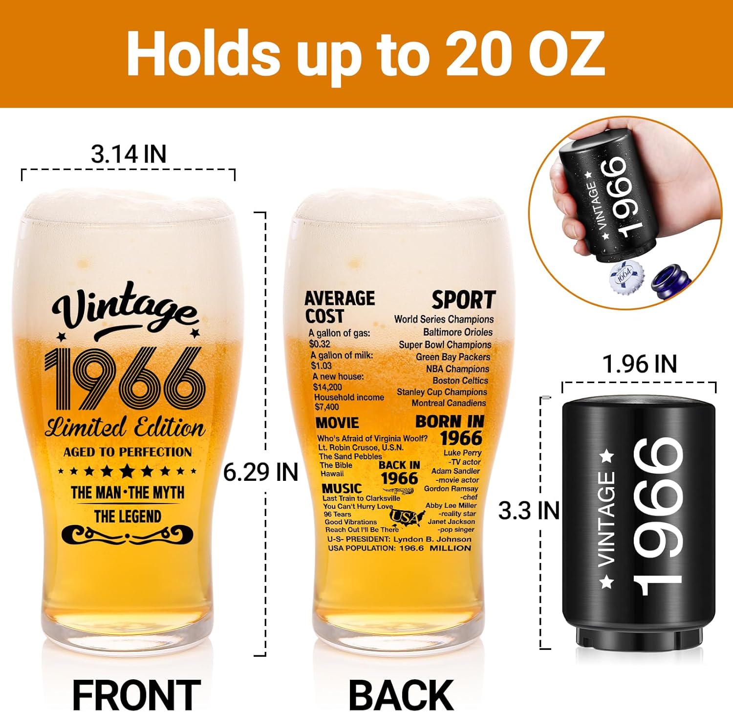 60th Birthday Gifts for Men-60th Birthday Gift Ideas,20oz,Vintage 1966 Beer Drinking Glass and Opener-60 Years Old Birthday Decorations Party Supplies-60th Anniversary Presents Beer Glass - Image 2