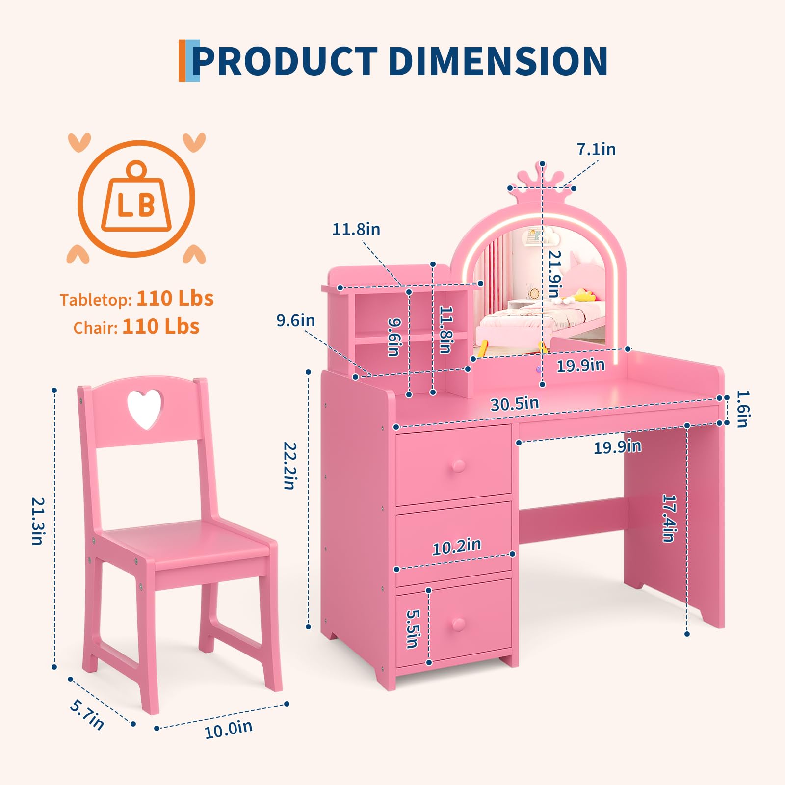 Garvee Kinder Schminktisch mit Stuhl & Spiegel, 3-Farben LED Beleuchtung & Touch-Sensor, Frisiertisch mit 3 Schubladen, 2-in-1 Schreibtisch, Kosmetiktisch Mädchen Krone Holz, Rosa
