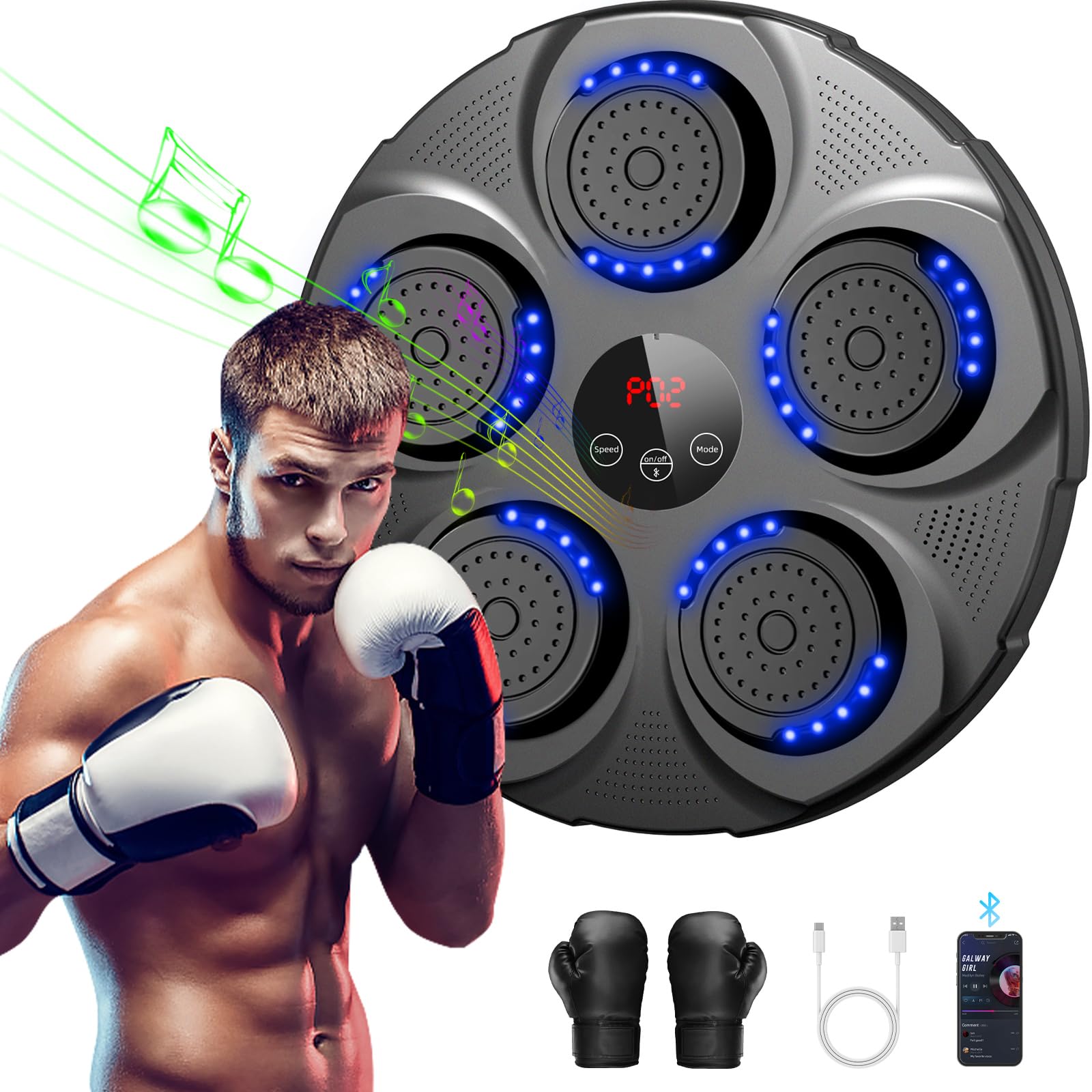 Machine de Boxe Musicale, Mural Professionnel Entraîneur de Boxe Électronique Bluetooth avec 9 Vitesses et Modes, avec Gants, Adultes et Enfants de Boxe pour Le Gym et la Maison