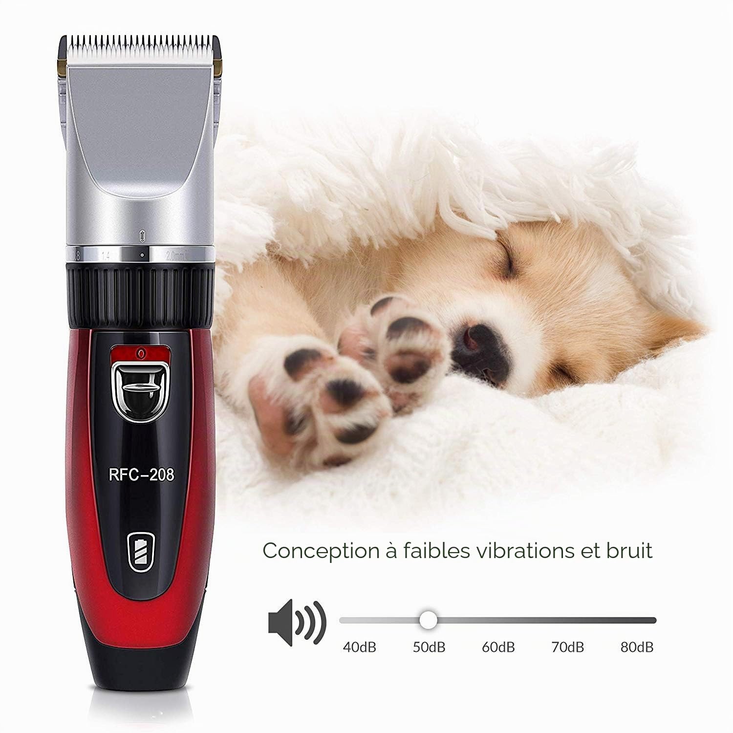 Ceramics RFC-208 Kit de toilettage pour animaux de compagnie silencieux et silencieux avec technologie Turbo Sense et 4 embouts pour 25 longueurs de coupe, tondeuse sans fil rechargeable pour animaux