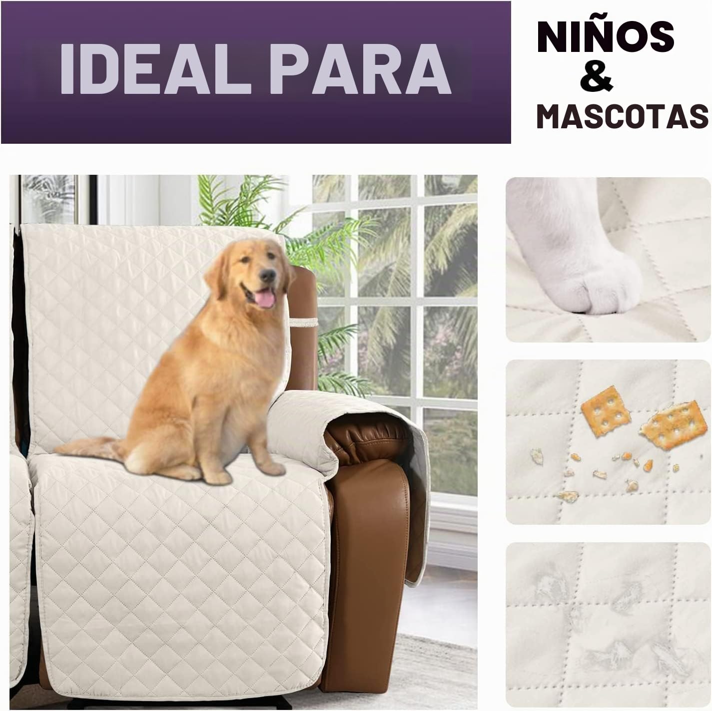 Funda de Silla Relax Antideslizante Funda para Sofá, Funda para Sofá Reclinable Reversible con Correa Elástica, Fundas de Muebles lavable para el hogar con mascotas y niños (Marfil,3 Plazas 208 cm)