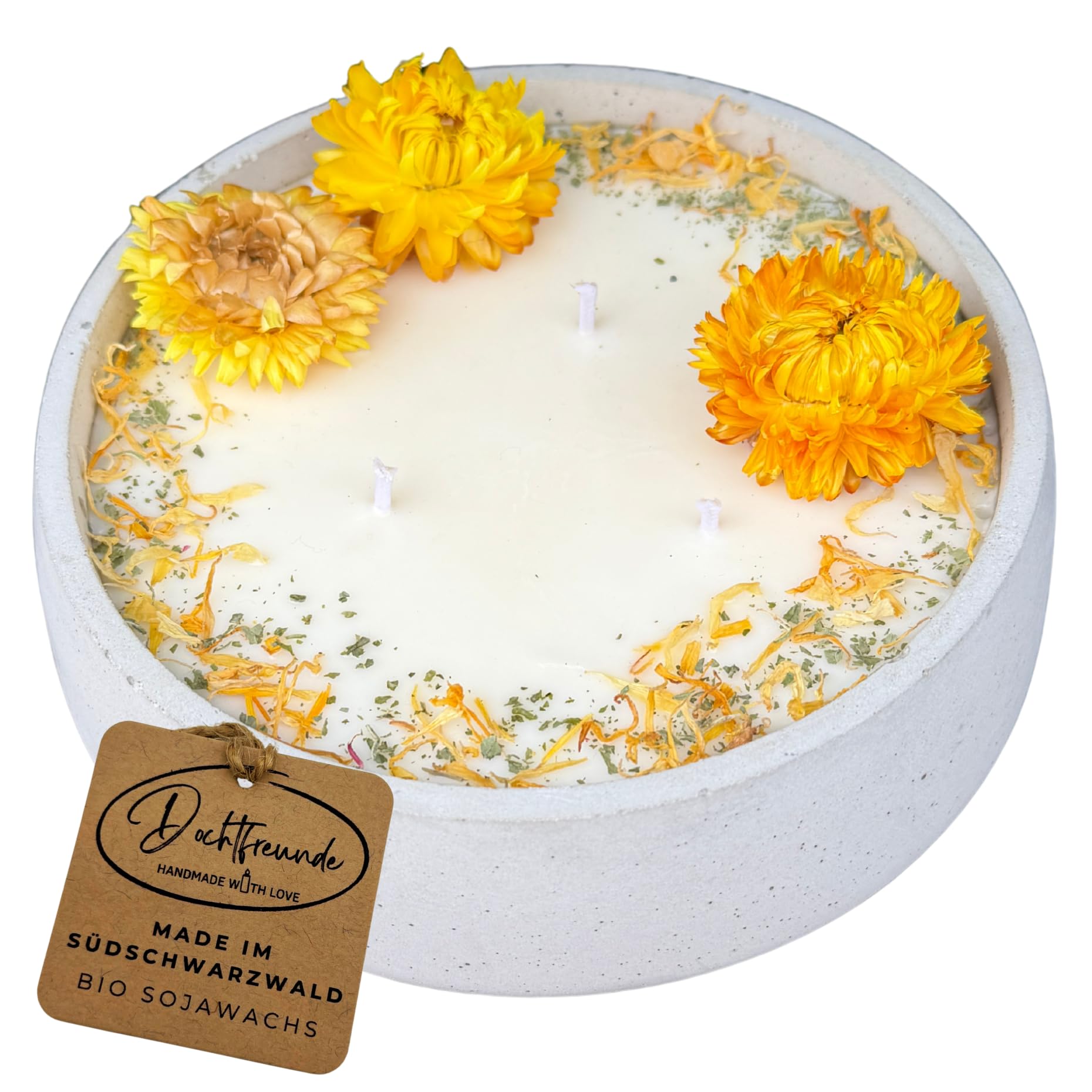 XL Betonkerze Big Sunshine, Citronella, Ø 18cm | Handgegossen, 3-Docht Sojawachs, Mit echten gelben Blüten, Vegan & Nachhaltig, Made in Germany