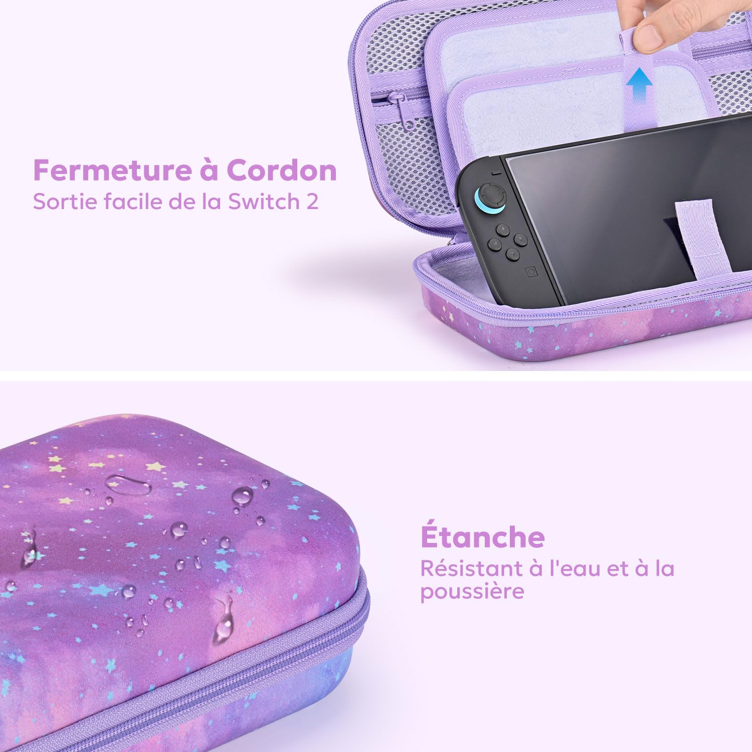 innoAura Étui Switch 2, Étui PU Résistant aux Éclaboussures et Chocs pour Switch 2, Poche Maille Extra-Large, Double Fermeture Éclair, Emplacement AirTag (Non Inclus), Violet Galaxy