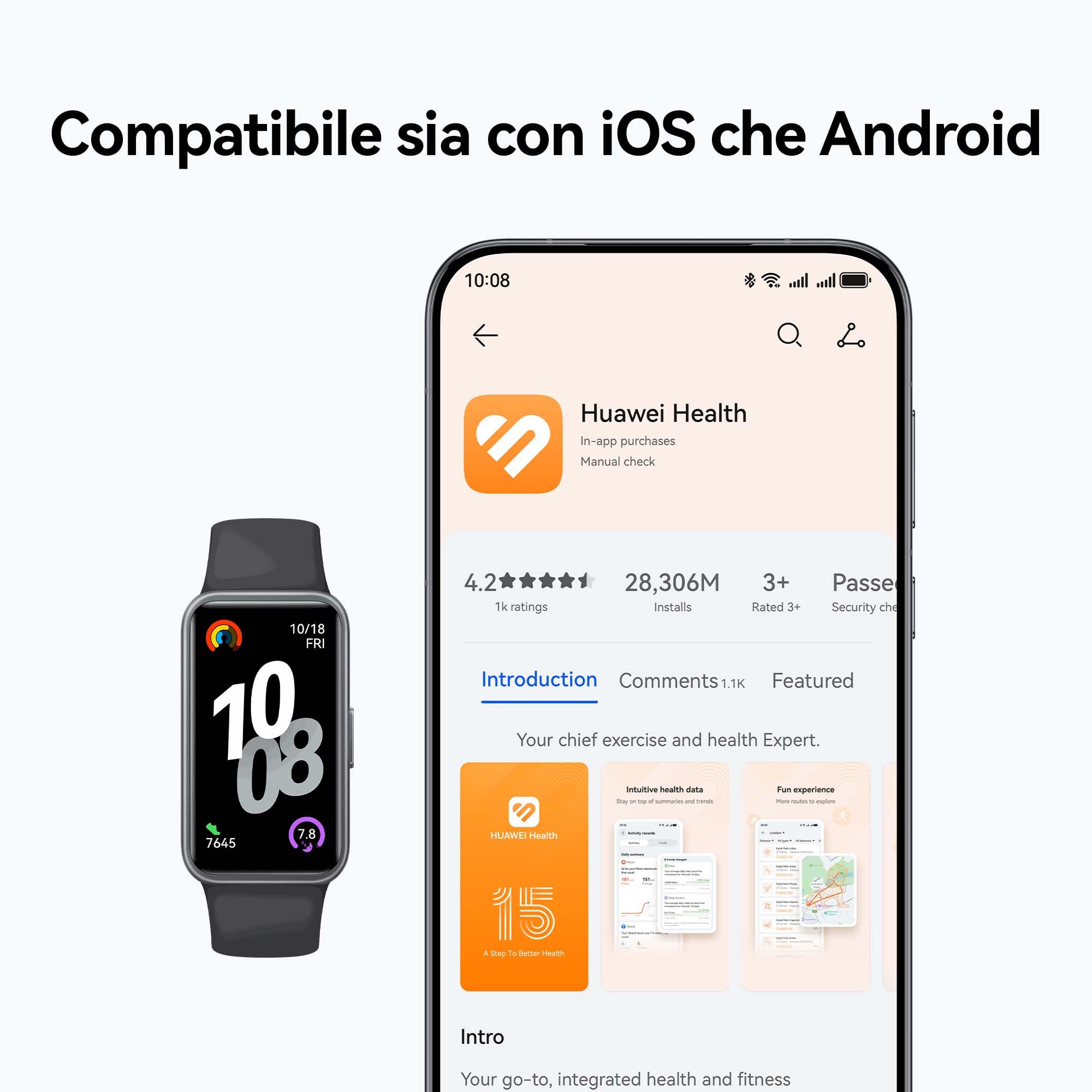 HUAWEI Band 10 Smartwatch, Monitoraggio del Fitness Tramite AI, Analisi Avanzata del Sonno, Variabilità della Frequenza Cardiaca Media Durante il Sonno e Approfondimenti, 14 Giorni, iOS & Android