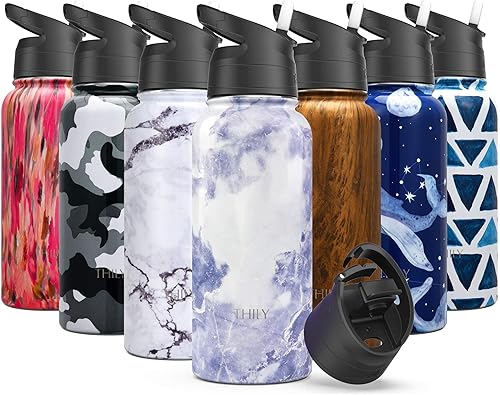 THILY - Botella de agua deportiva de acero inoxidable Botella de agua de boca ancha aislada al vacío de 32 onzas a prueba de fugas con 2 tapas y