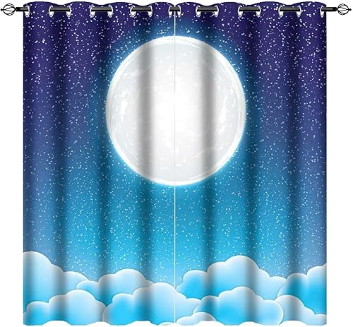 Miniatura 4 de Cortinas opacas con diseño de estrellas y luna de dibujos animados para niños, cortinas de ventana con estampado de ciudad de anime 3D, cortinas de