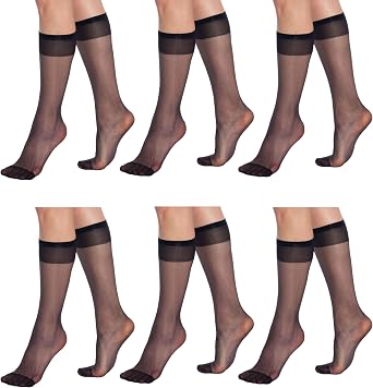 AWS / American Made 6 أزواج Sheer Knee High Socks for Women 15 Denier Stay up Band Stretchy Silk Socks