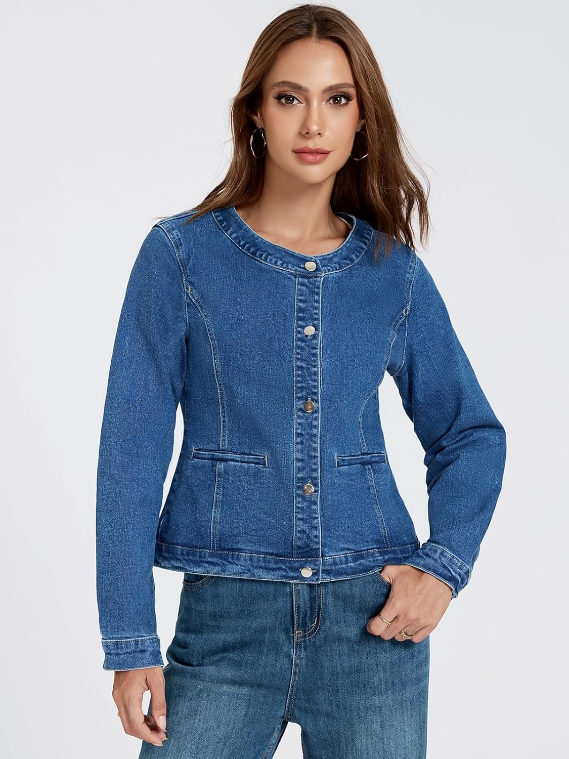 LifeShe Cropped Denim Jacket for Women Stretch Collarless Jean Jackets Slim Fall Crop Shacket Tendy - Image 4