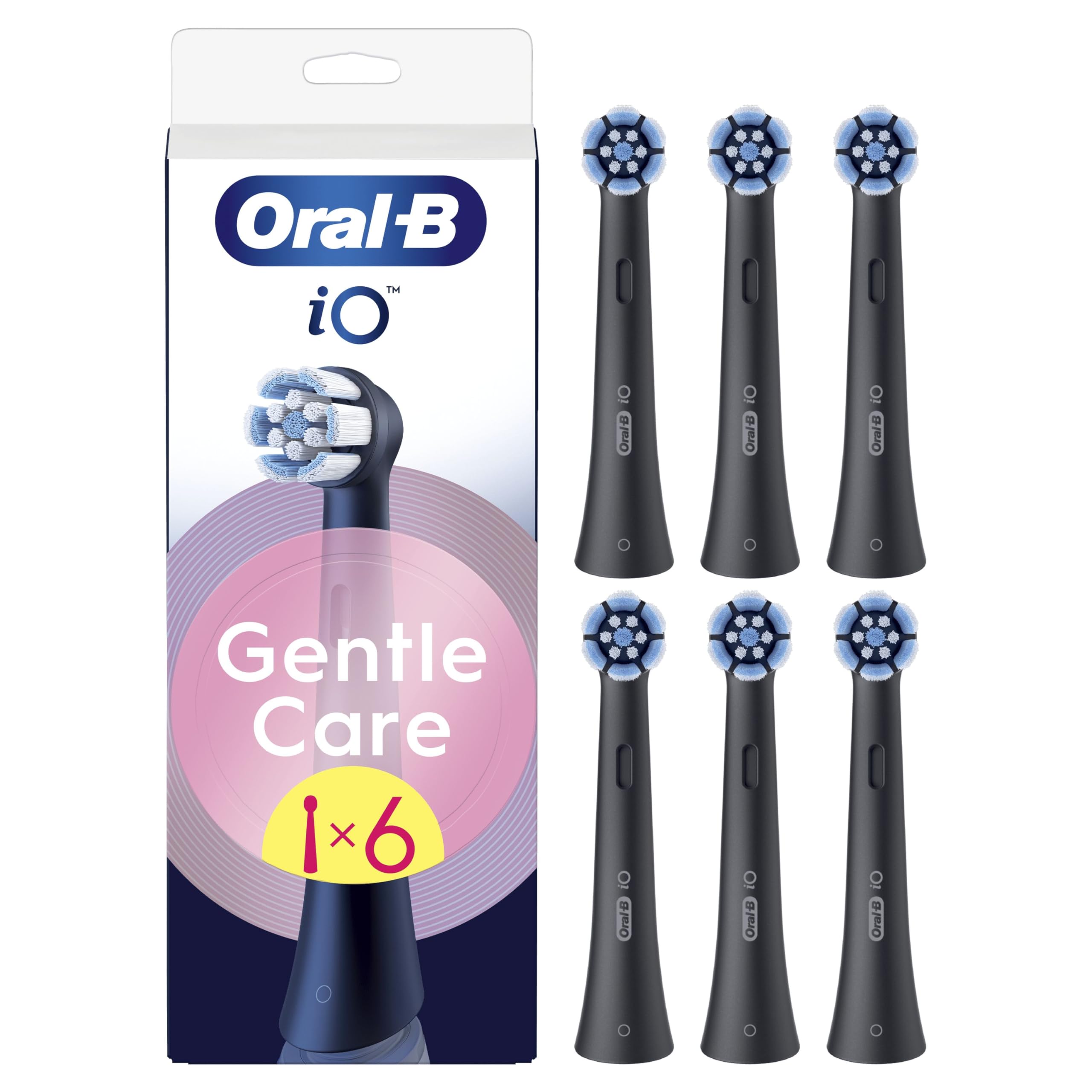 Oral-B iO Gentle Care Black Replacement Heads, Original Round Sensitive Gum Heads, Angled Bristles for Plaque Removal, 6 Heads
