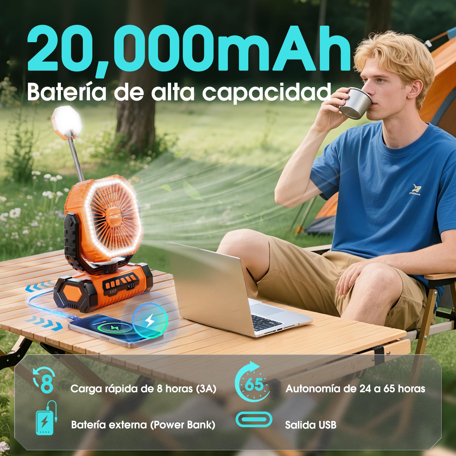 Camping Ventilador 20000mAh con LED para Hogar,Ufficio - Naranja