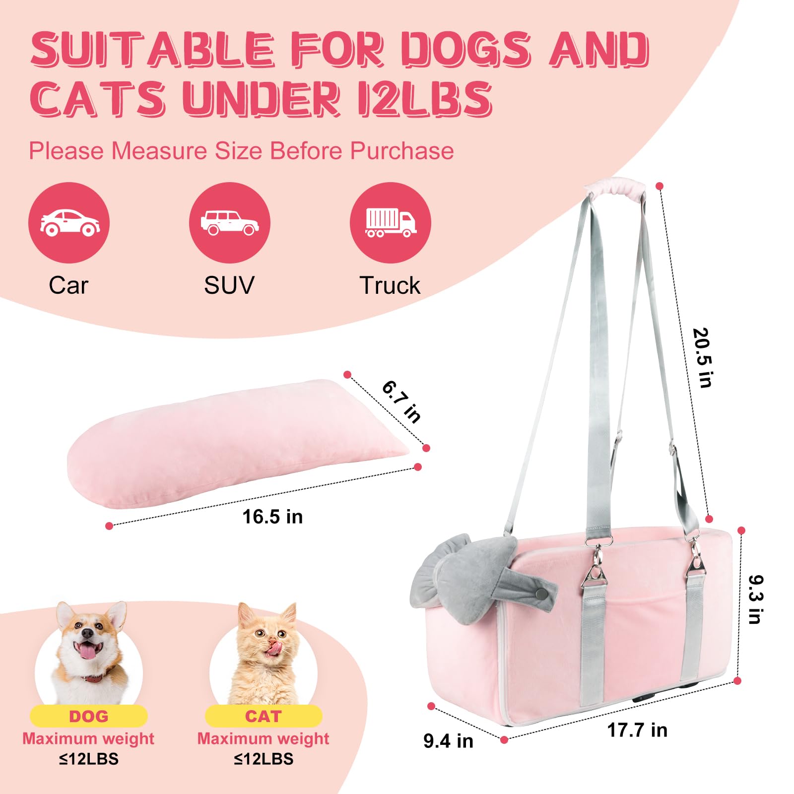 Center Console Dog Car Seat for Small Dogs Under 12lbs, Portable Middle Console Dog Booster Seat, Detachable Armrest Puppy Seat with Storage Pockets, Butterfly Pillow and Safety Leash(Pink)