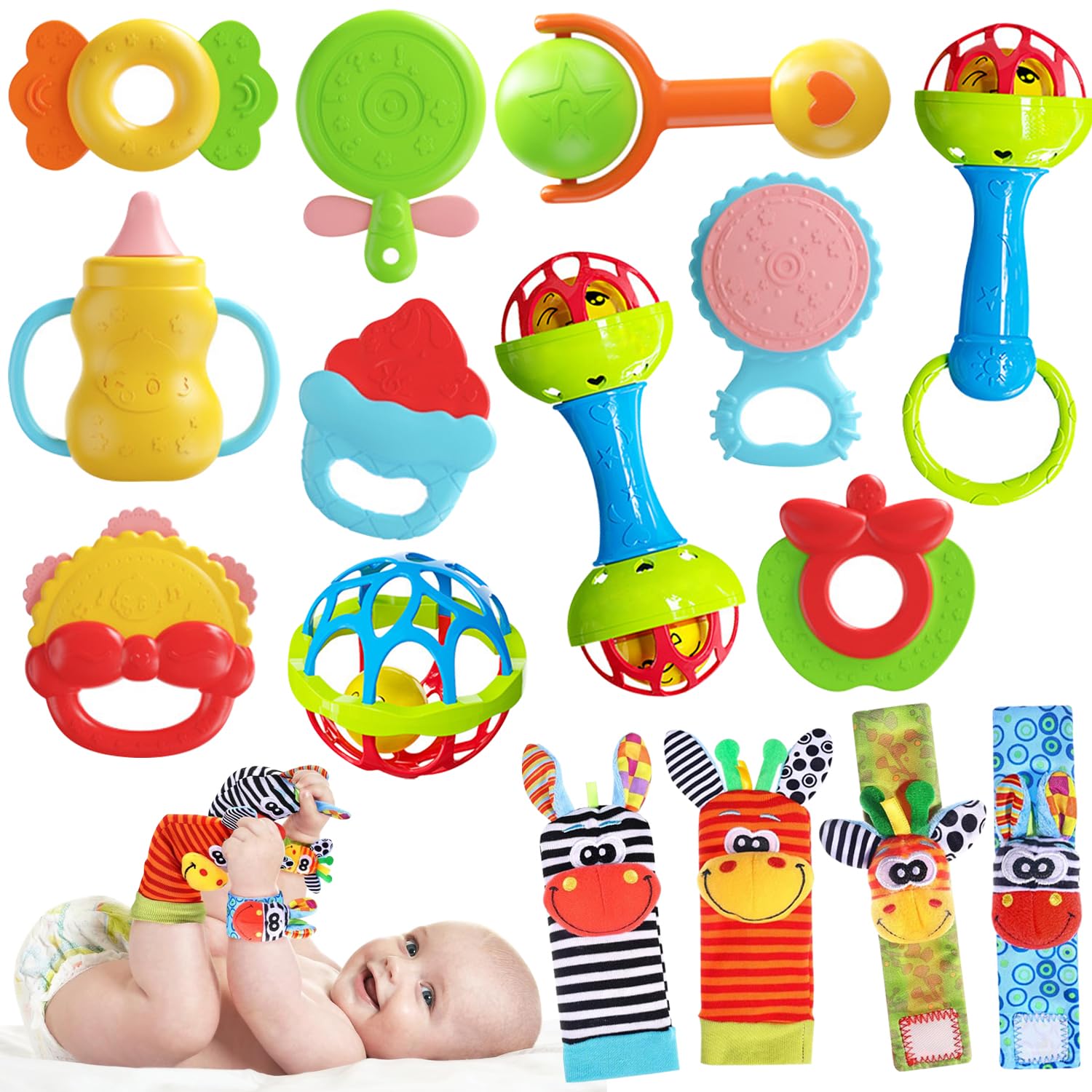 Sonajero Masticar Juguetes, Goma dental Montessori Juguetes,Juguetes Sensoriales y Estimulacion Temprana,Sonido Estimulante Temprano y Colores Brillantes (Campana que suena)