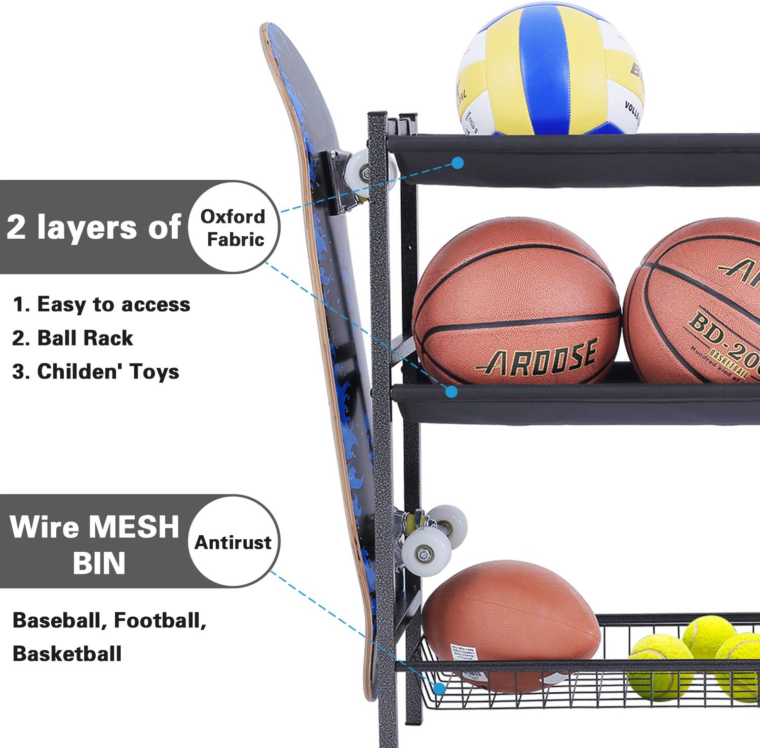 Mythinglogic Garage Sports Equipment Organizer, Sports Gear Storage for Kids, Wall Mount Garage Organizer and Storage with Hooks, Black Steel Garage Ball Storage,Basketball Rack : Sports & Outdoors
