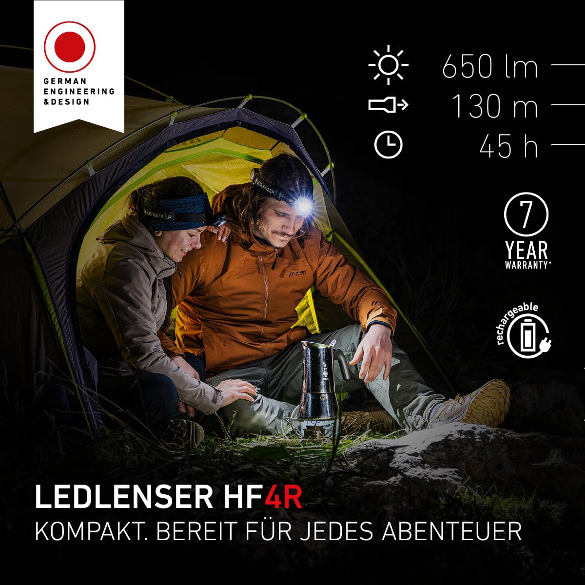 Ledlenser HF4R, Wiederaufladbare LED-Stirnlampe, 650lm, 130m Leuchtweite