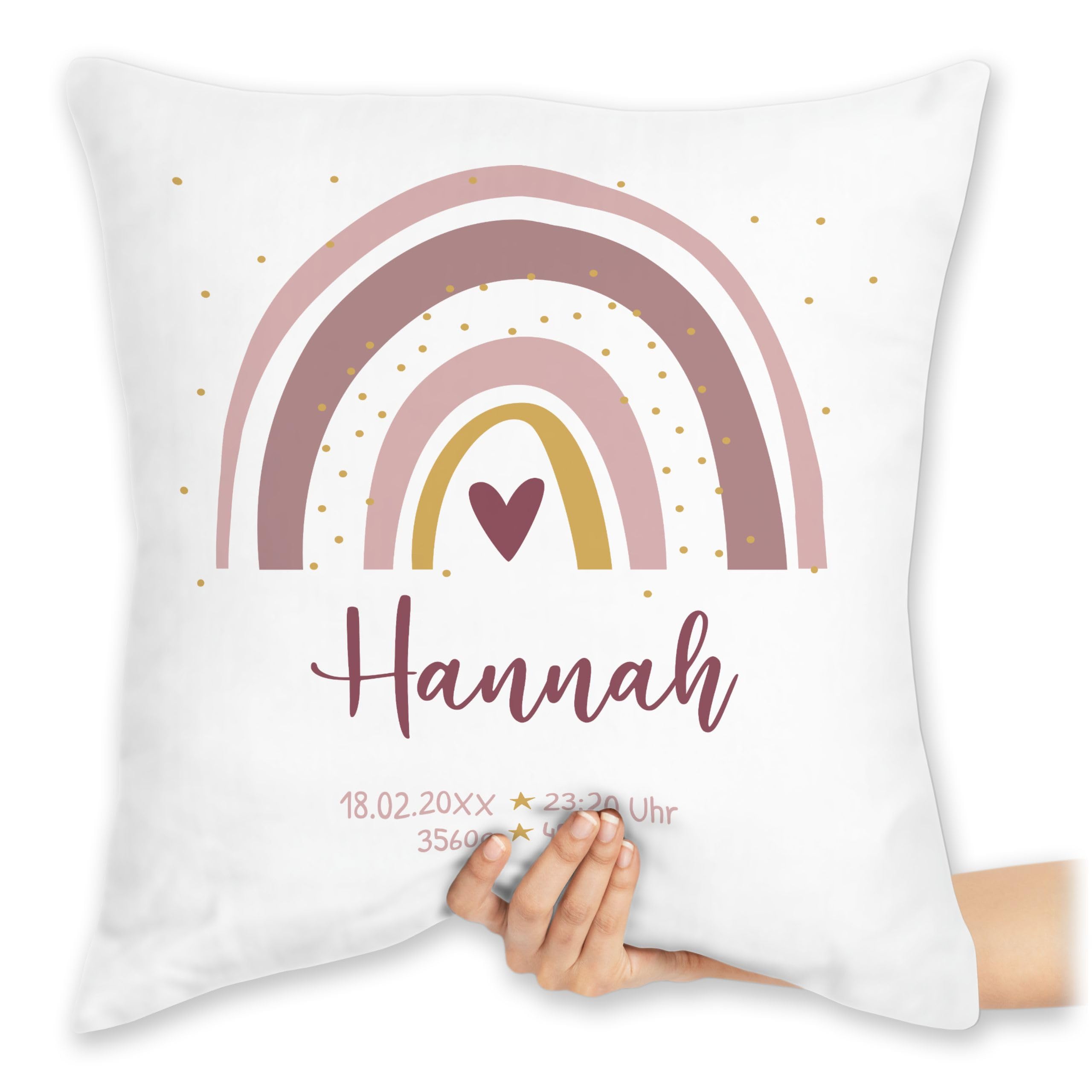 Kissen 40x40 Zierkissen - Geschenk Boho Regenbogen mit Name I Geschenke zur Geburt personalisiert - 40 x 40 cm - Weiß - Geburtsgeschenk personalisierte Babygeschenk Geburtsgeschenk für mädchen