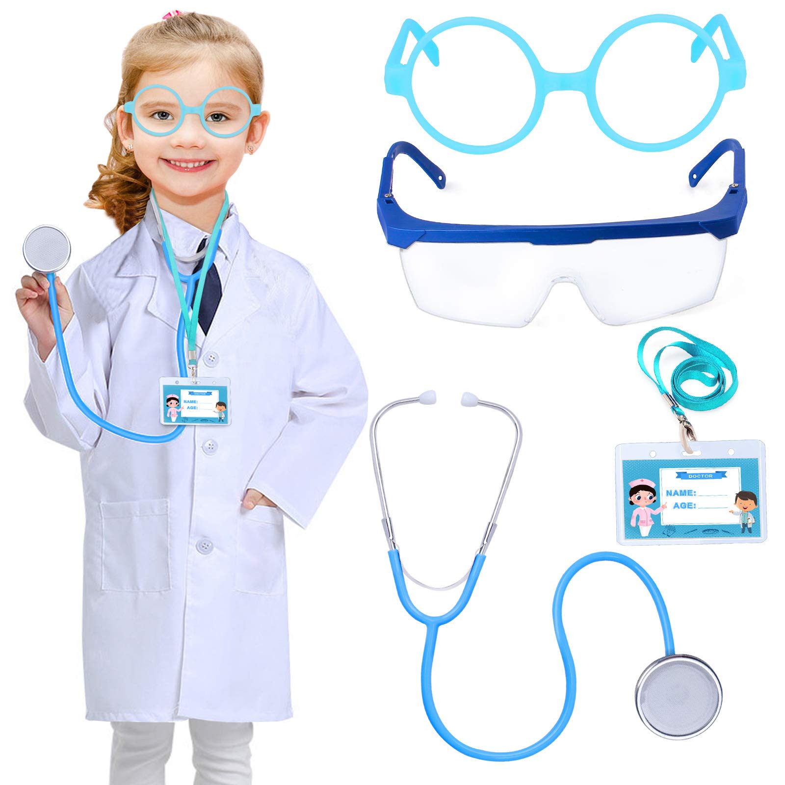 YewongKids Doctor Costume Science Lab Coat Medical Playset with Stethoscope, Eyeglasses,Double-sided ID Card for Child Doctor Scientist Costume Role Play Dress Up Age 3-10