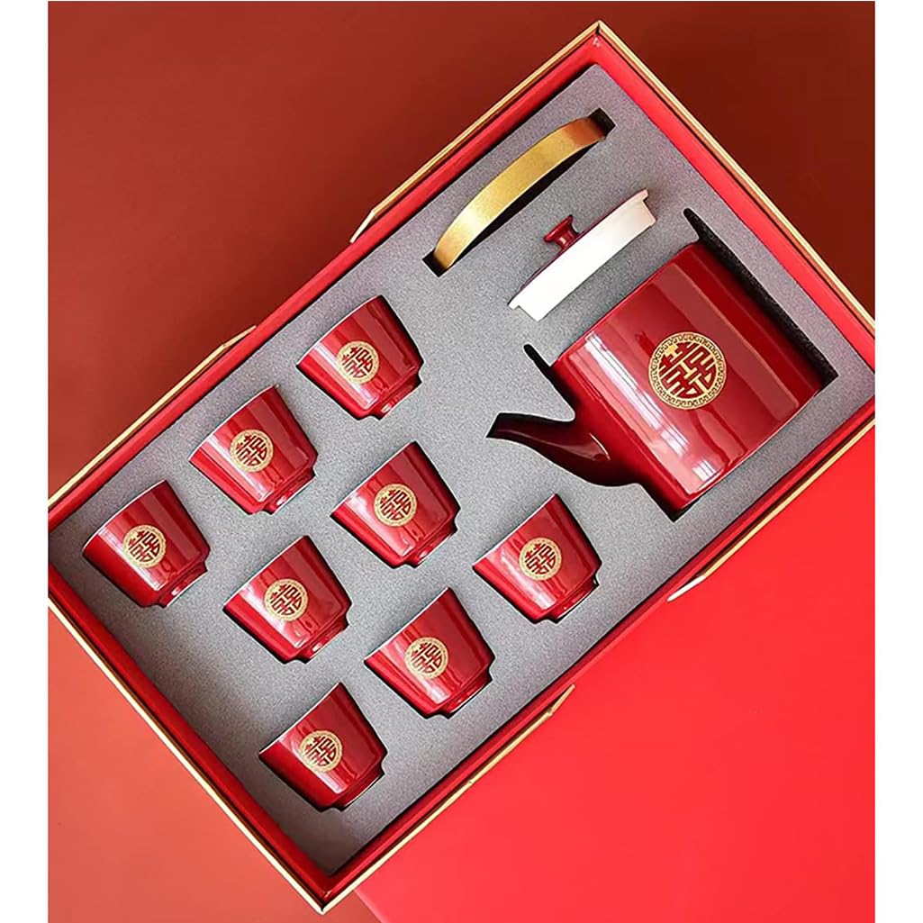 GVILTY Juego de té de porcelana roja china, juego de té chino Kung Fu, tetera doble felicidad, suministros de decoración de boda tradicional china, servicio de té de cerámica rojo 1-6 tazas