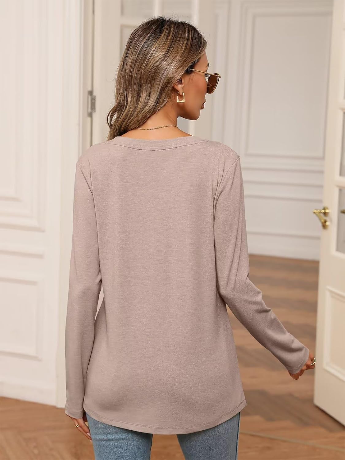 Womens V Neck Long Sleeve Shirts Casual Curved Hem Tunic Tops Basic Loose Fit T Shirts Tees - Image 5