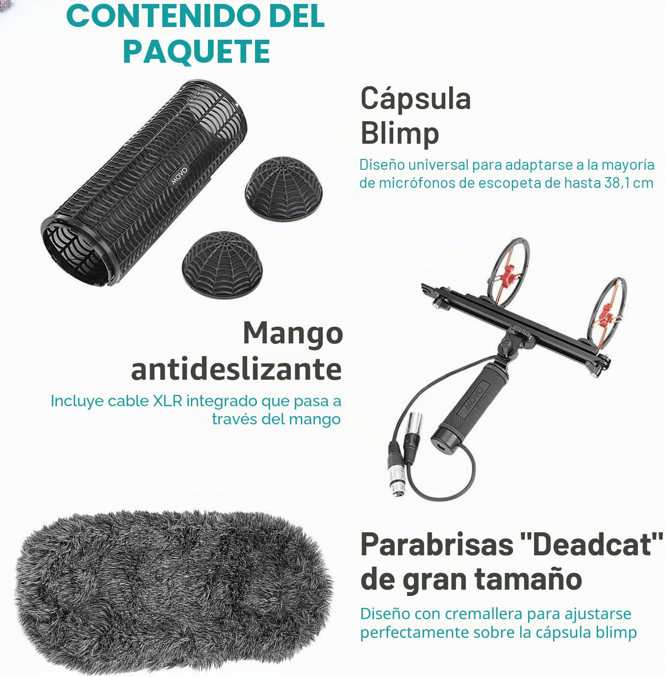 Movo BWS1000 Blimp sistema de protección contra viento y vibración para micrófonos de escopeta - cuenta con soporte interno de 12 puntos, cable XLR integrado, protector de viento y mango de agarre con