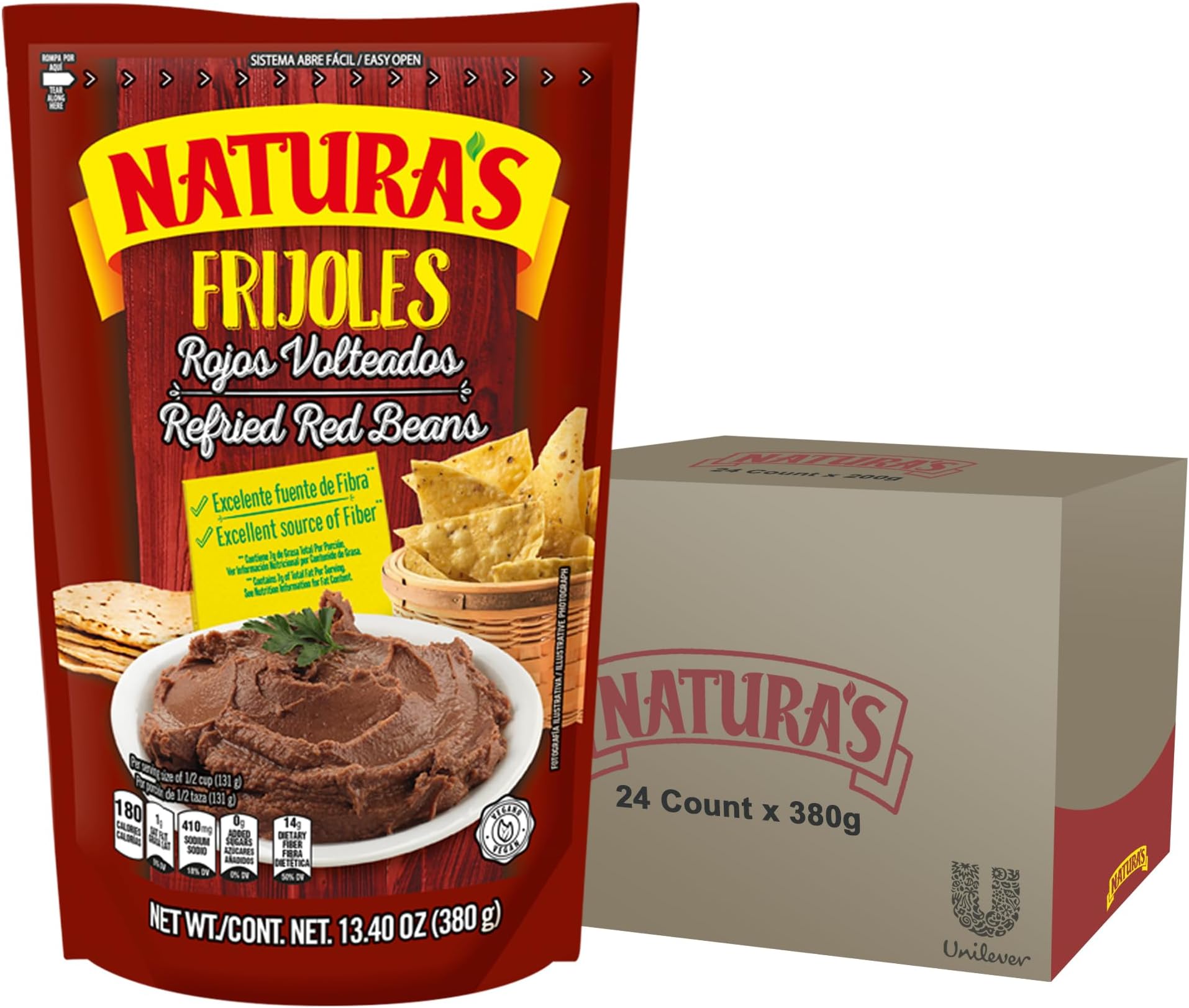 Natura's Refried Red Beans, Ready-to-Eat Vegetarian Frijoles Rojos Refritos/Volteados, 400.0 g Bag (Pack of 24)