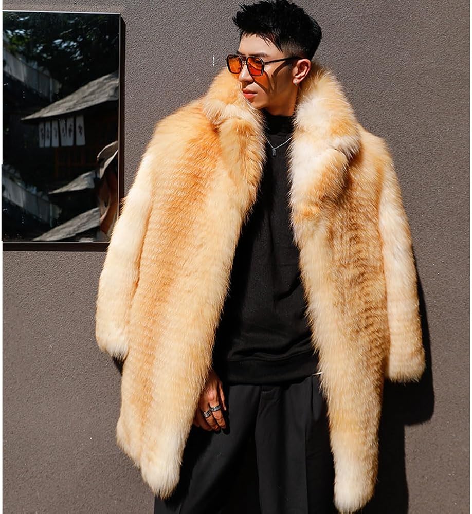 Denny&Dora Fox Fur Jacket Men Gold Mid-Length Winter Fur Jacket