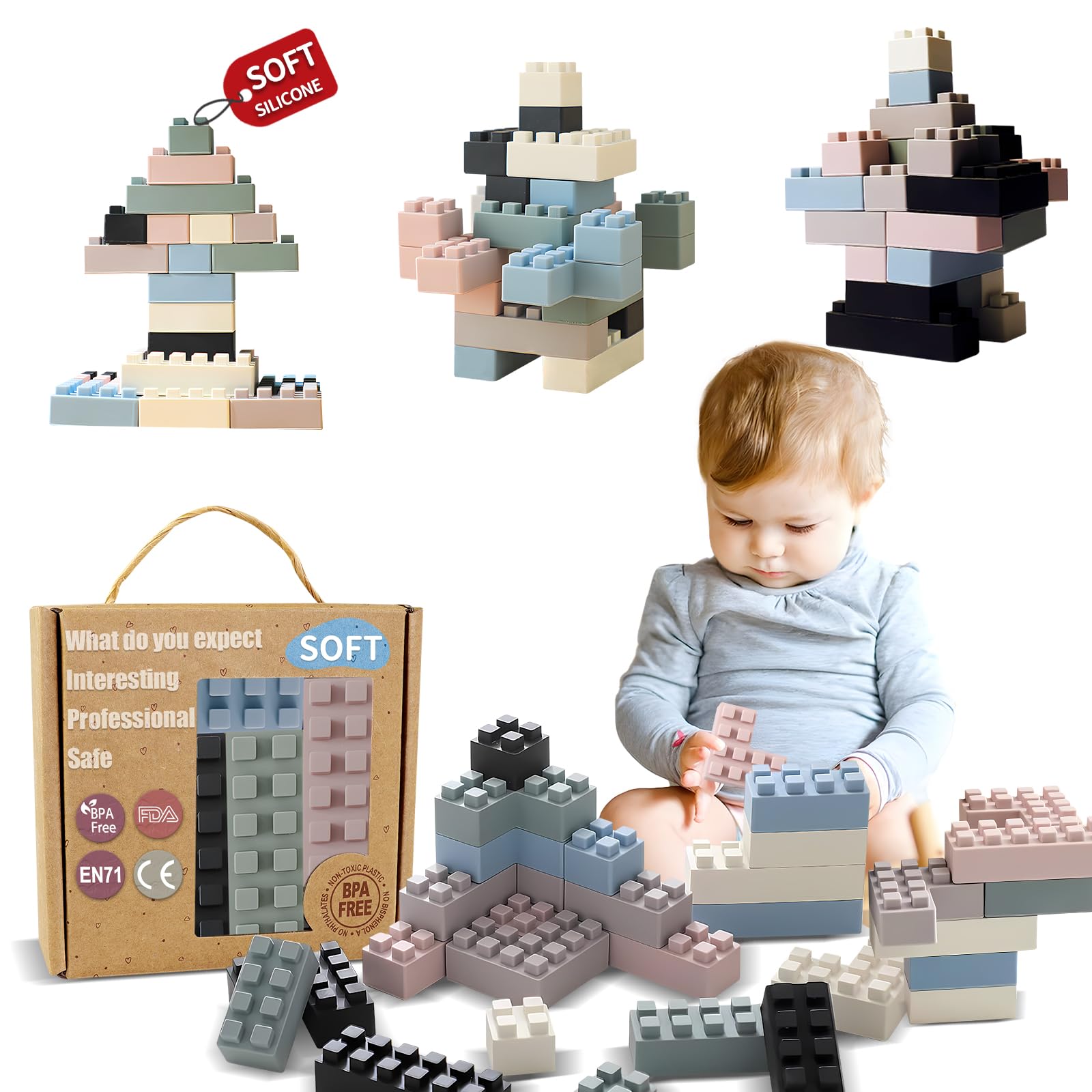 ROHSCE Silicone Blocks for Toddlers 1-3, Montessori Educational Toy Soft Baby Blocks, Large Sensory Stacking Toys for Preschool Learning Creative Play