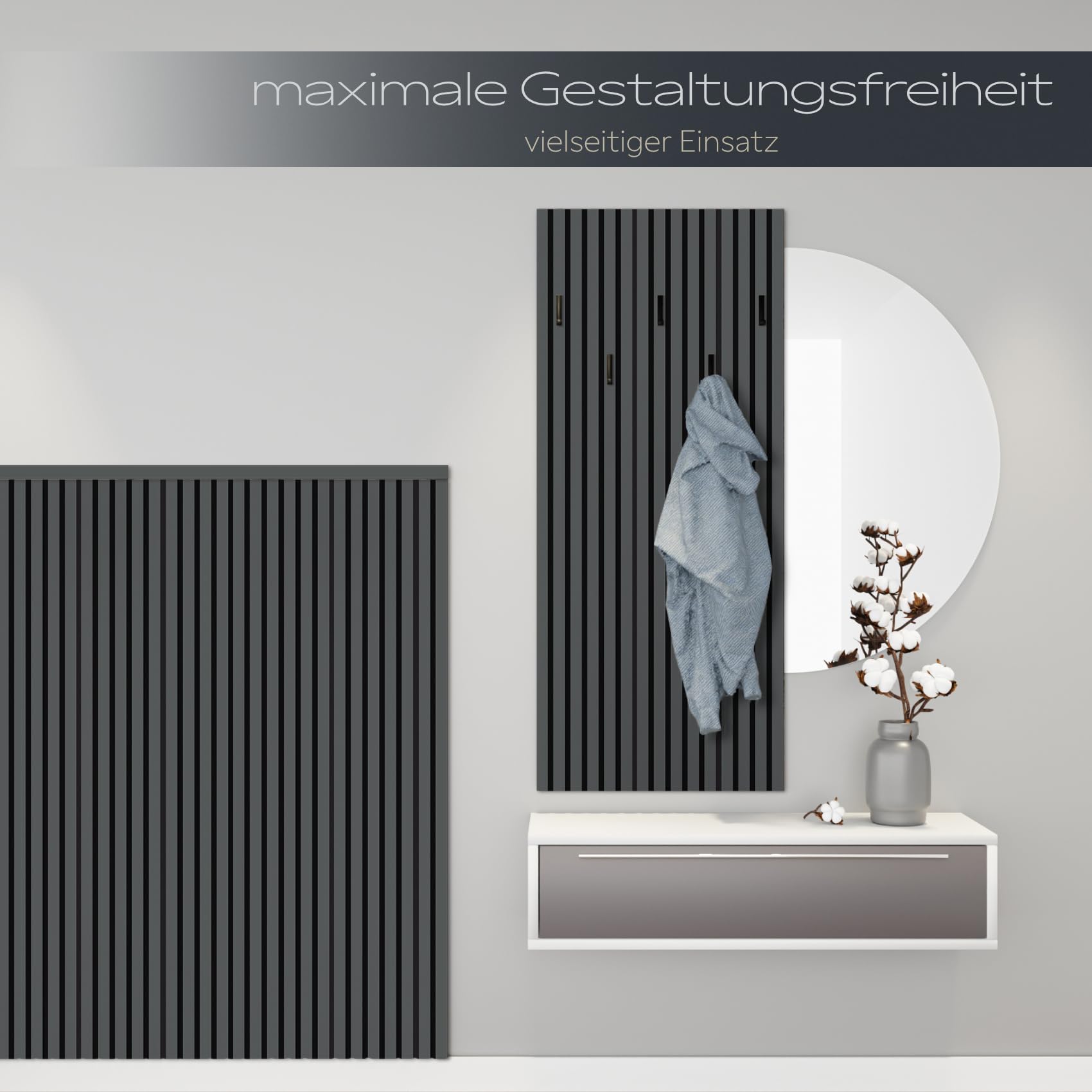HEXIM Pannelli Acustici 138,5x60cm - Parete a Lamelle Flessibile Legno MDF Pannelli Murali Rivestimento a Lamelle Rivestimento Murale (8 pannelli / 6,64 m² Black Lead - APH05)