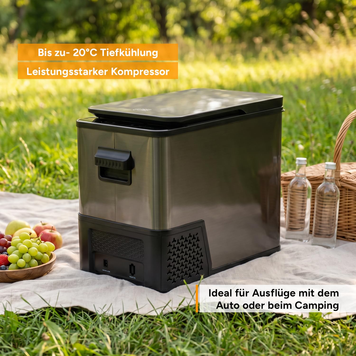 TZS First Austria Kompressor-Kühlbox 38L - bis -20°C - 41 dB - 12V 24V 230V - Anti-Fingerprint - für Auto Camping Reise - Dark Steel