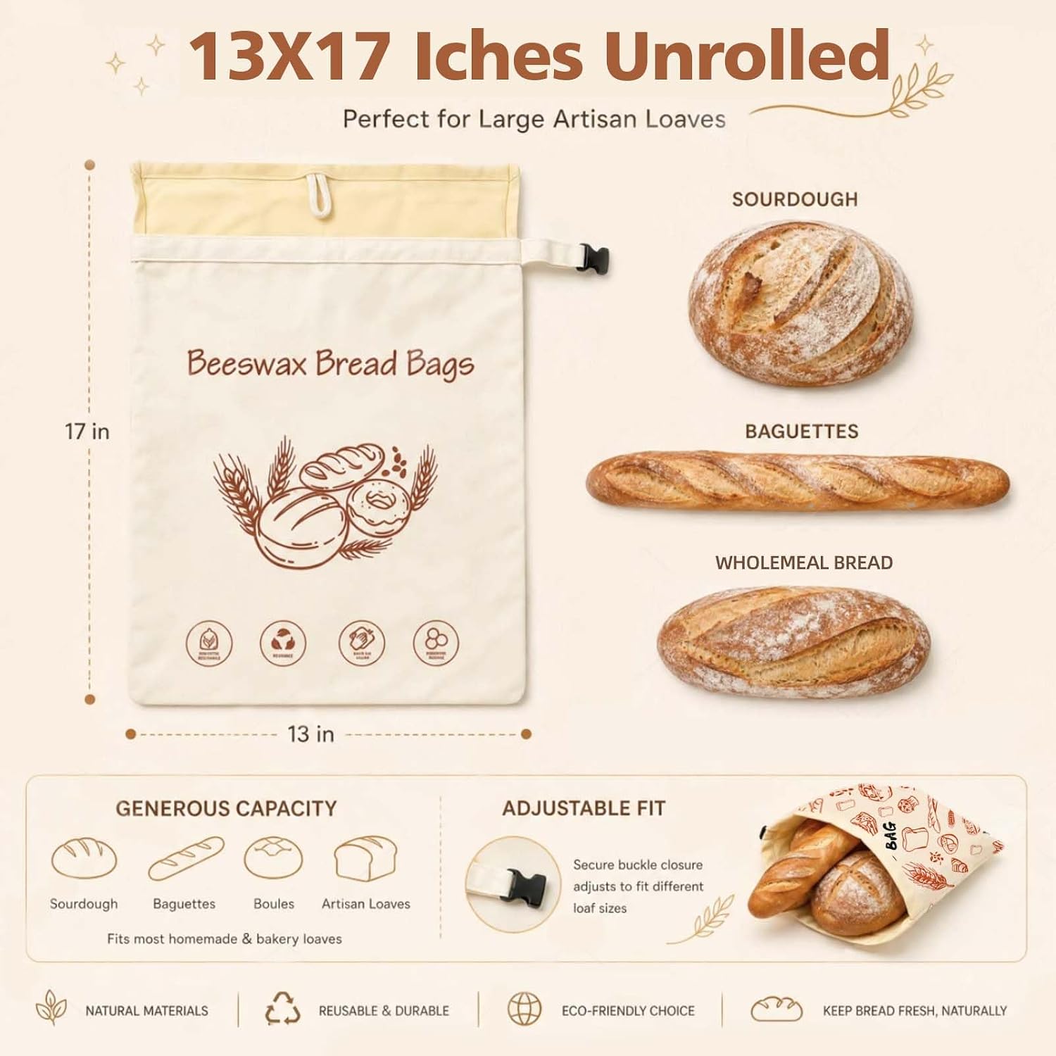 Reusable Beeswax Bread Bags for Homemade Bread (2-Pack) - 17 x 13inch Sourdough Bread Storage Bag with Removable Inner Liner, Eco-Friendly Cotton Waxed Bread Keeper for Freshness, Large