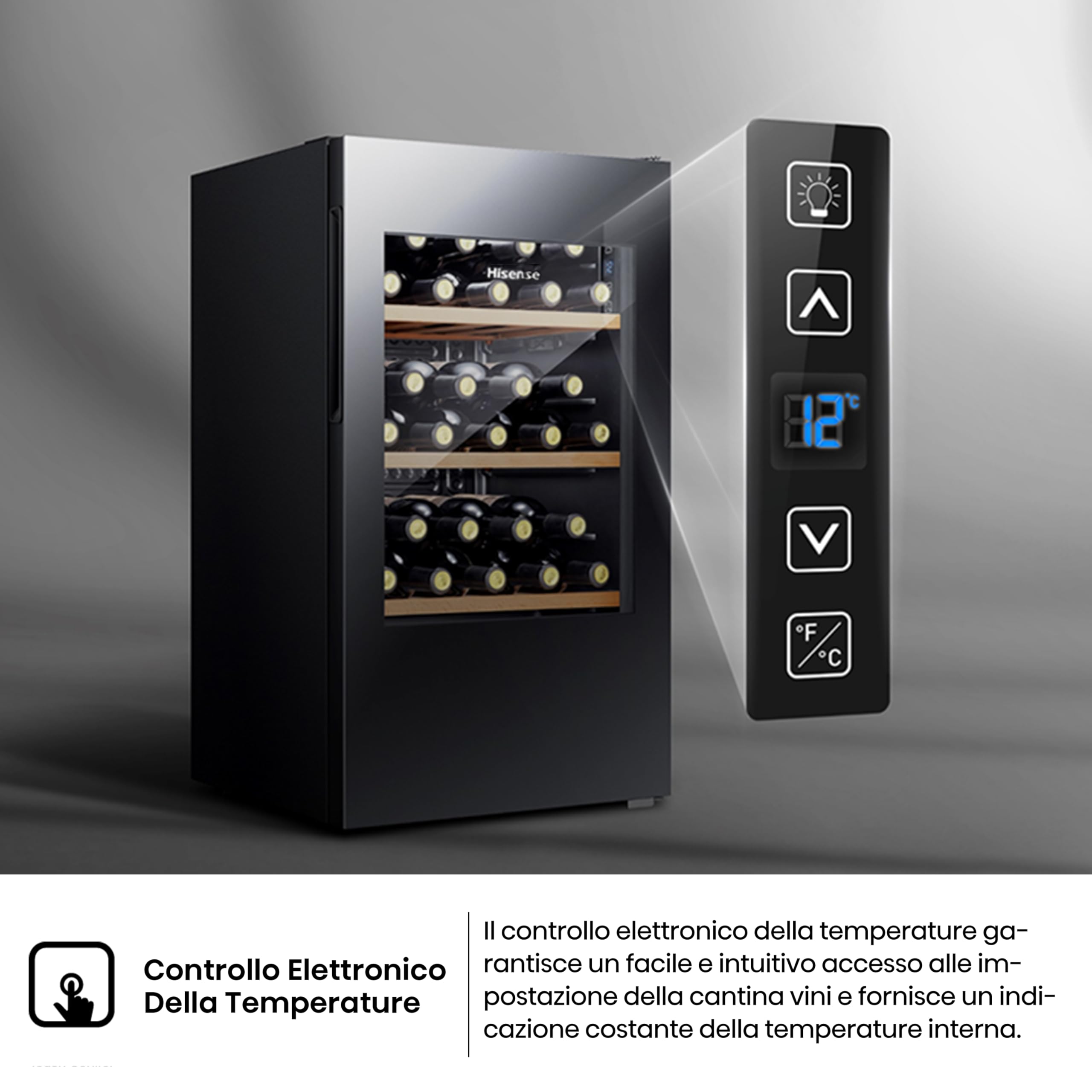Hisense MWC4894GF - Cantina vino 30 bottiglie, Monotemperatura, Vetri anti UV, ripiani in legno, Display Touch, Illuminazione Led