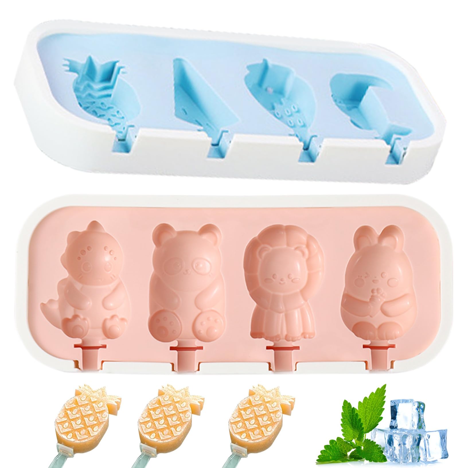 CNAFGBGG Popsicle Molds with Sticks 2Pcs Silicone Popsicle Molds Cute Fruits ＆ Animal Ice mold with Lid Baby Reusable Ice Cream DIY Maker..