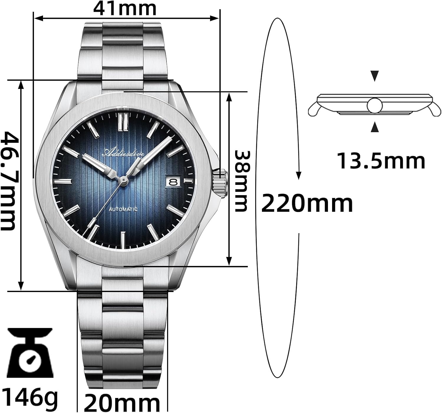 ADDIESDIVE 41 MM Mens Watches 8215 Automatic Movement Folded Pattern Dial with Sunburst Synthetic Sapphire Luminous 200 M Waterproof Large Watches for Men