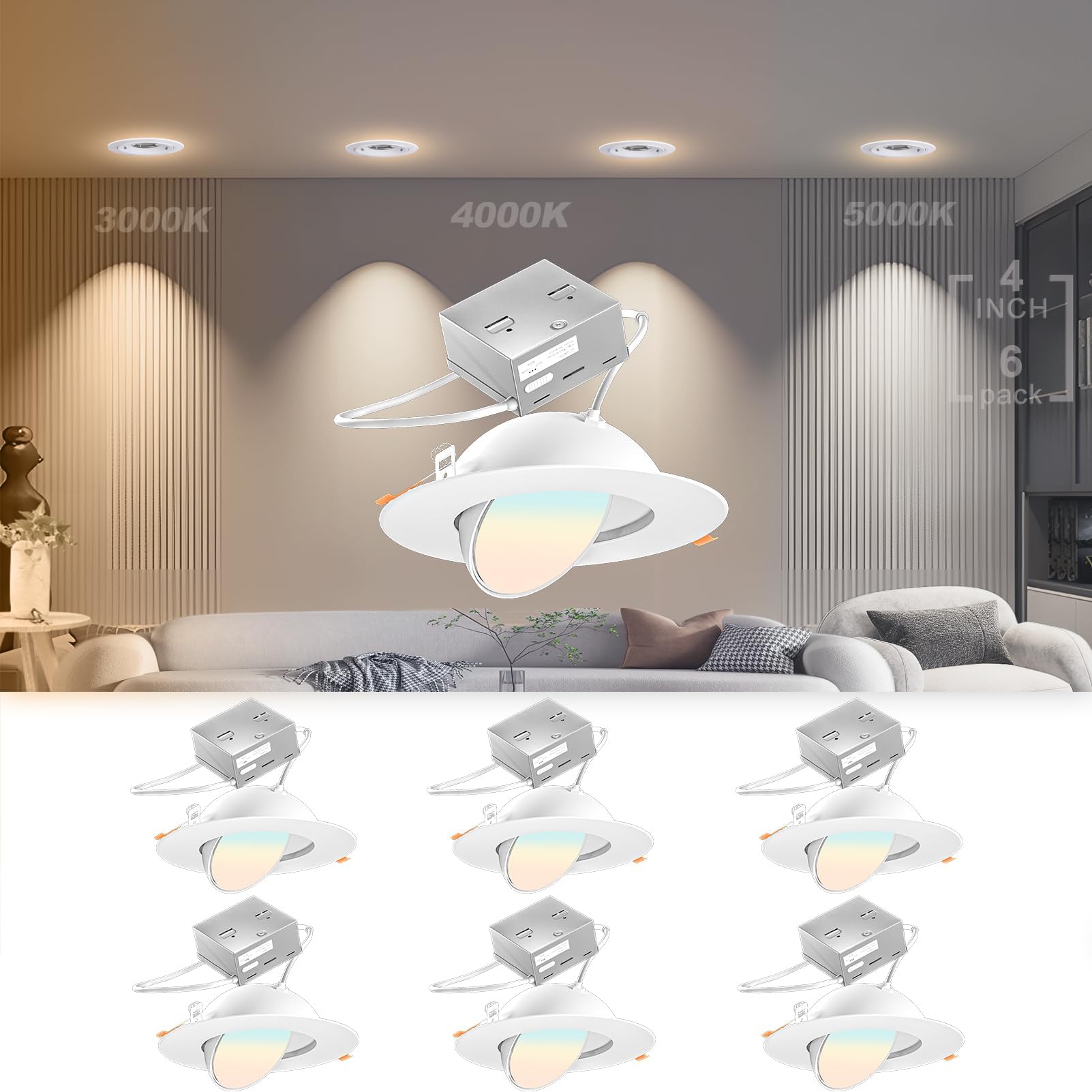 6Pack ?????????? LED Downlight and Gimbal Recessed Lighting 4 inch, Adjustable Angled LED Recessed Lighted 3000K/4000K/5000K, CRI 90,140lm/w (high efficency) Directional Downlight (White)
