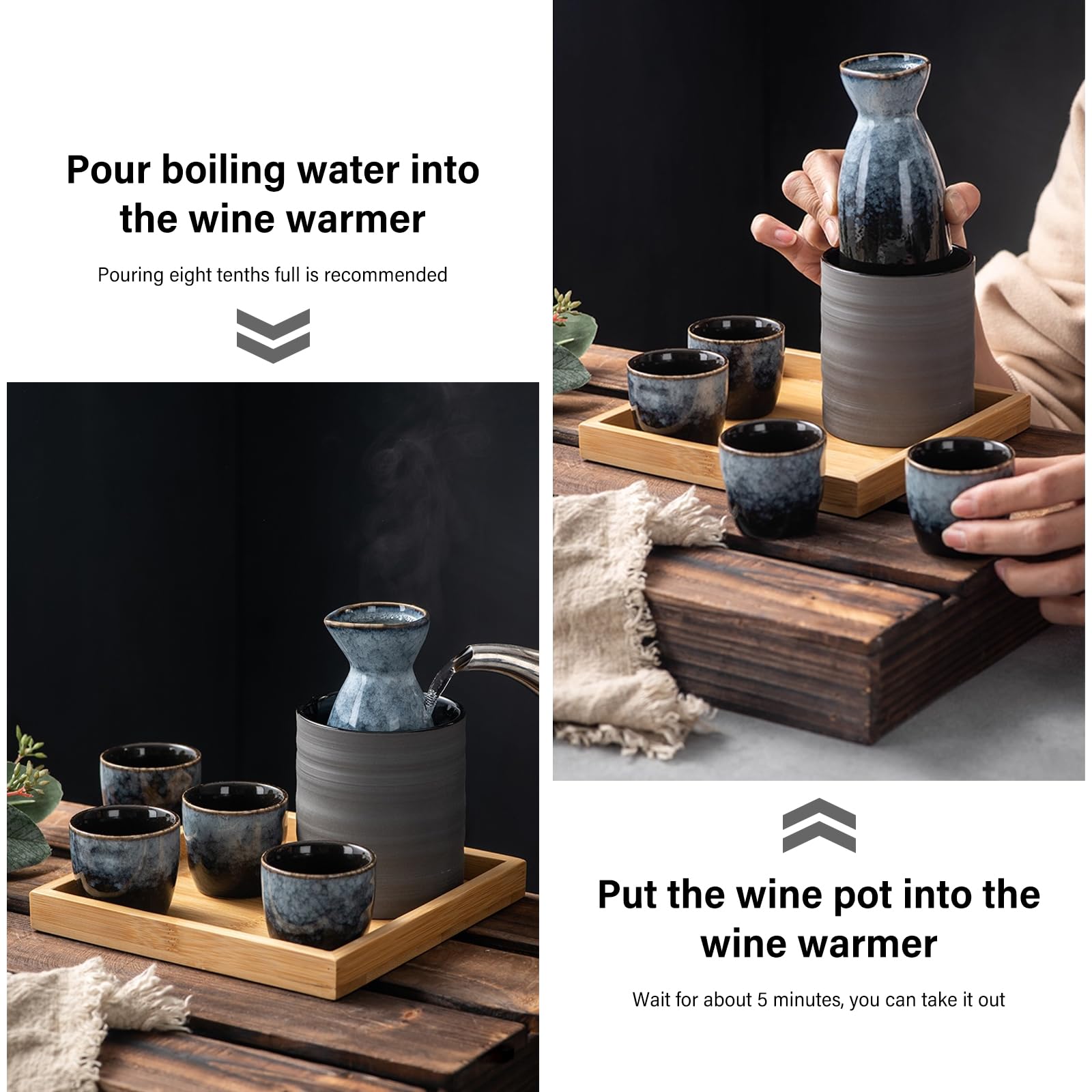 Juego de sake japonés de cerámica, 6 piezas, juego de sake tradicional japonés con 4 vasos de sake de 35 ml, 1 olla de sake de 175 ml, 1 bandeja, esmalte envejecido en horno, porcelana, sake cup