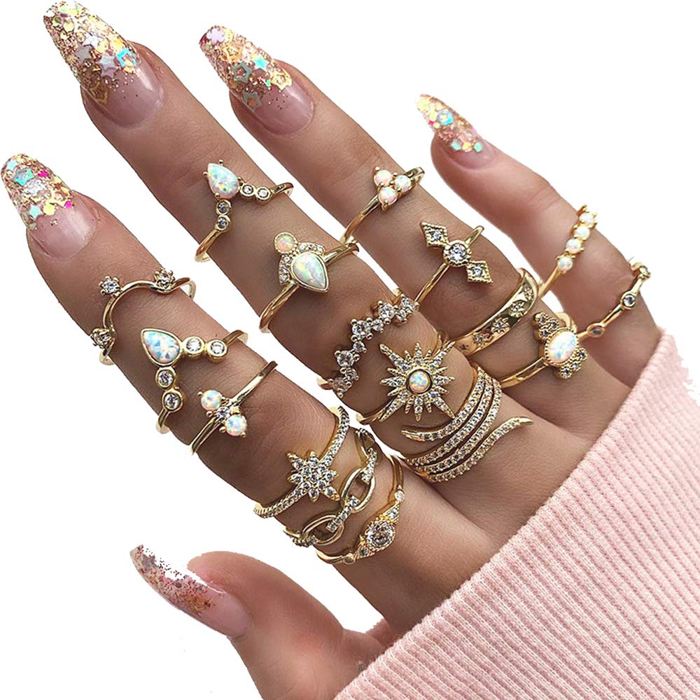 Juego de 17 anillos apilables de nudillos de cristal bohemios, dorados, vintage, apilables, para mujer, Metal, Sin piedras preciosas 4