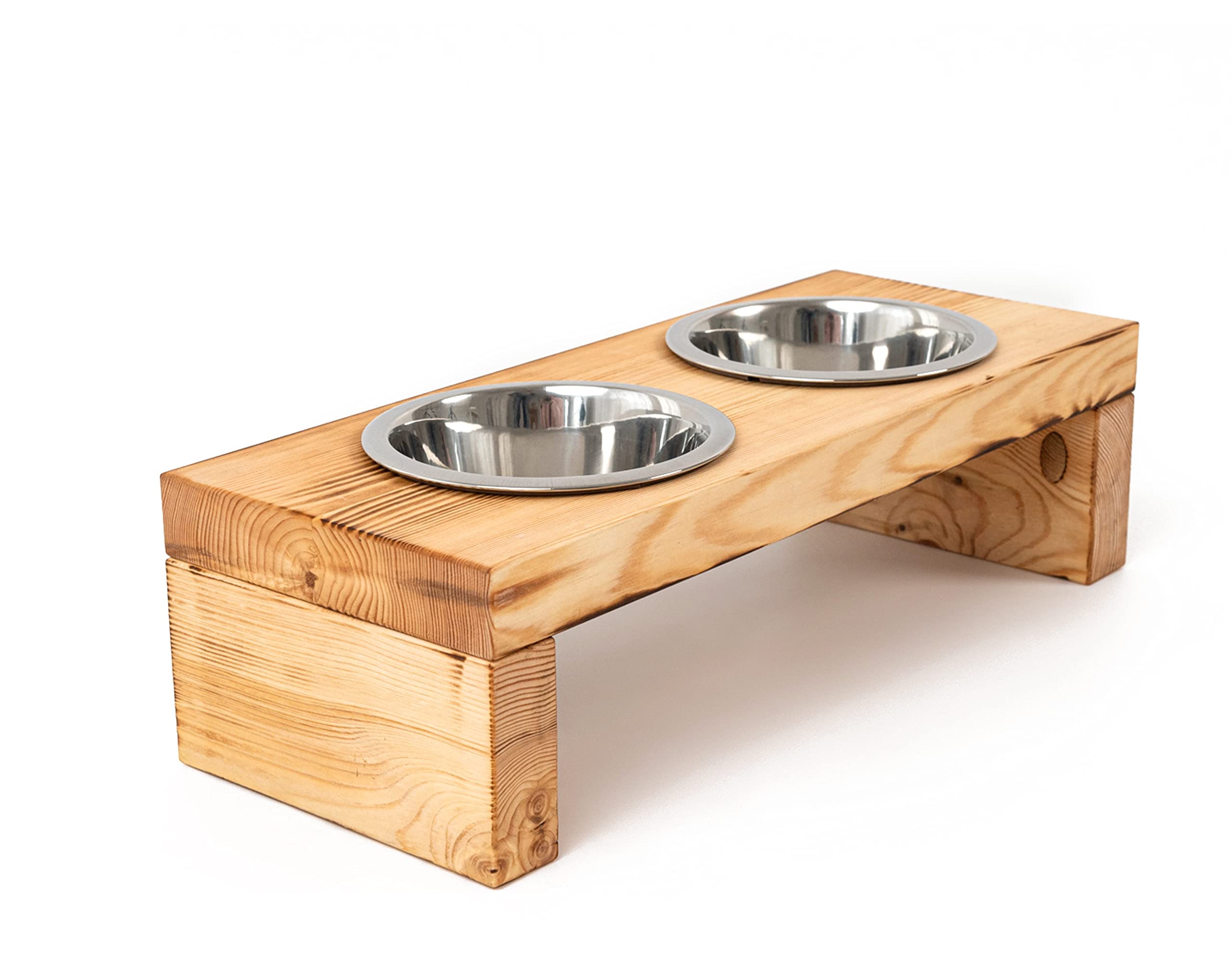 Woodworms Futterstation mit 2x 800ml Edelstahlnäpfen, handgemachte Echtholz Hundebar für kleine und mittlere Hunde