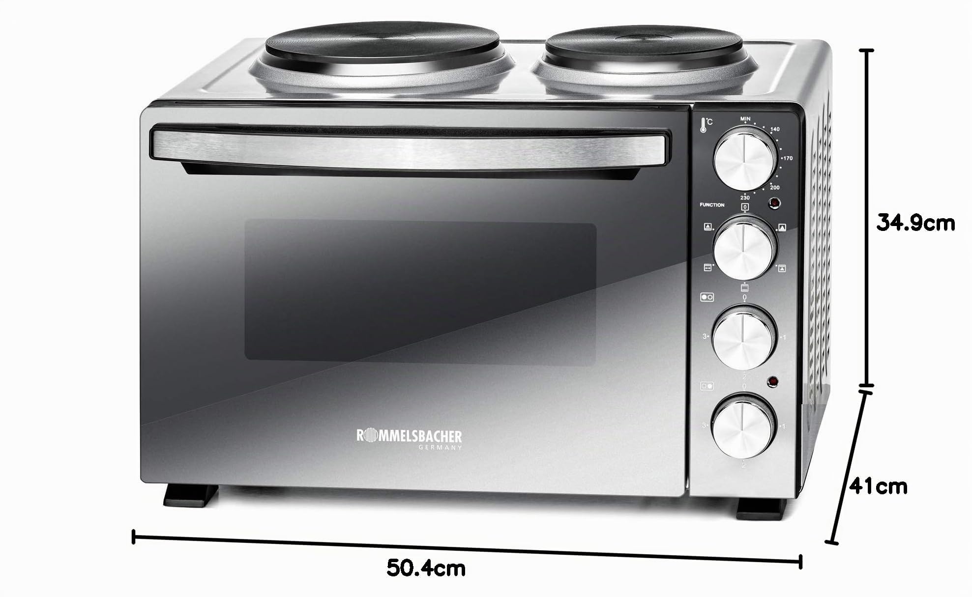 ROMMELSBACHER KLEINKÜCHE KM 3300-2 Gussheizplatten, 30 Liter Backraum, Oberhitze, Unterhitze, Umluft, Drehspieß, 3 Einschubebenen, Doppelverglasung, Spiegelglas-Front, 3250 Watt, silber/schwarz