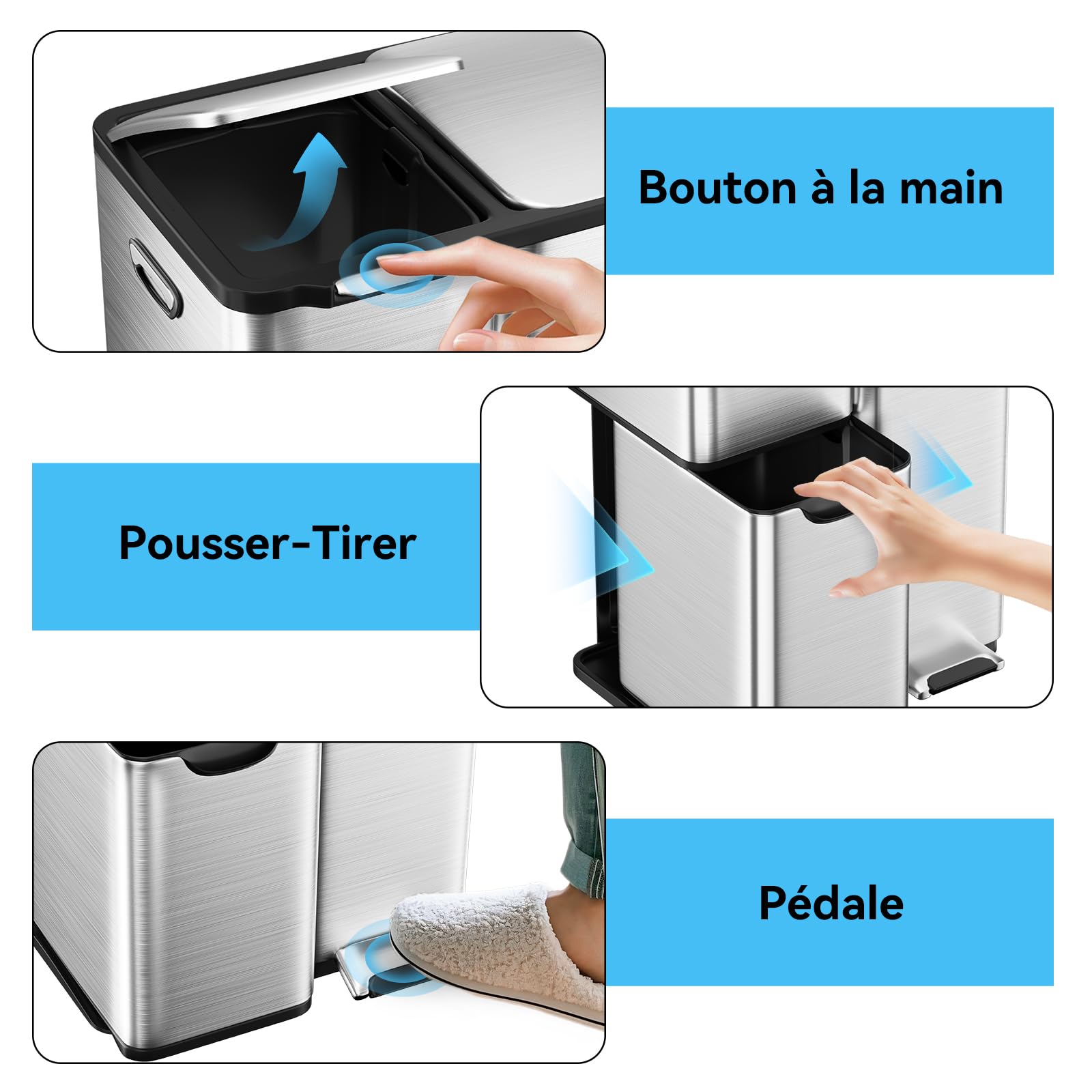 mVm Poubelle de Cuisine Triple,Poubelle de Tri,Corbeille à Pédale,3 Compartiments,60 Liter(13+17+30L) Déchets,Acier,Couvercles à Fermeture en Douceur,Pédales,Seaux Intérieurs