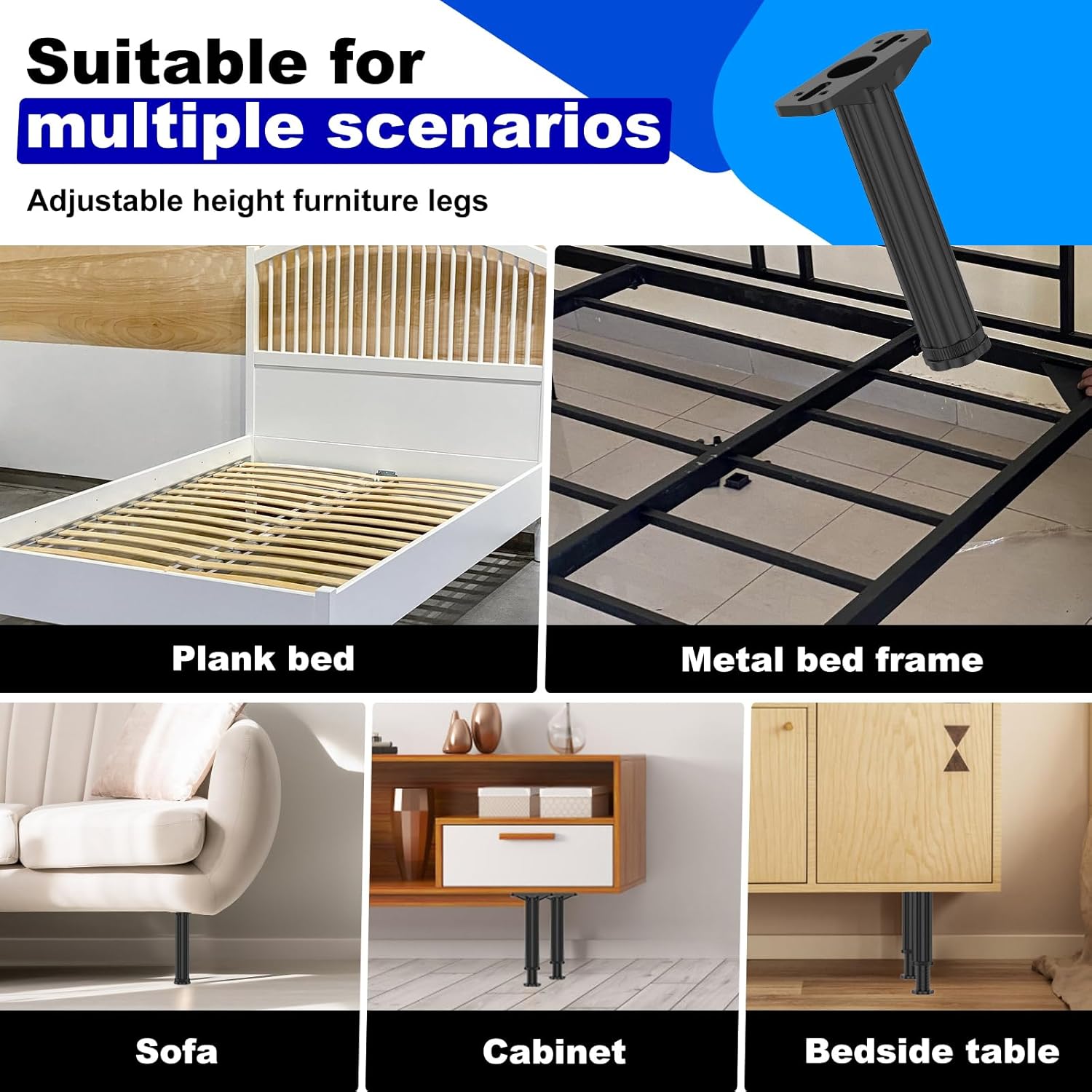 12 Pcs Adjustable Bed Support Legs (7.68"- 12.6"), Heavy Duty Bed Frame Legs Replacement for King Queen Bed, Legs for Cabinet, Bed Frame, Sofa, Dresser, Table Furniture with 48 Screws
