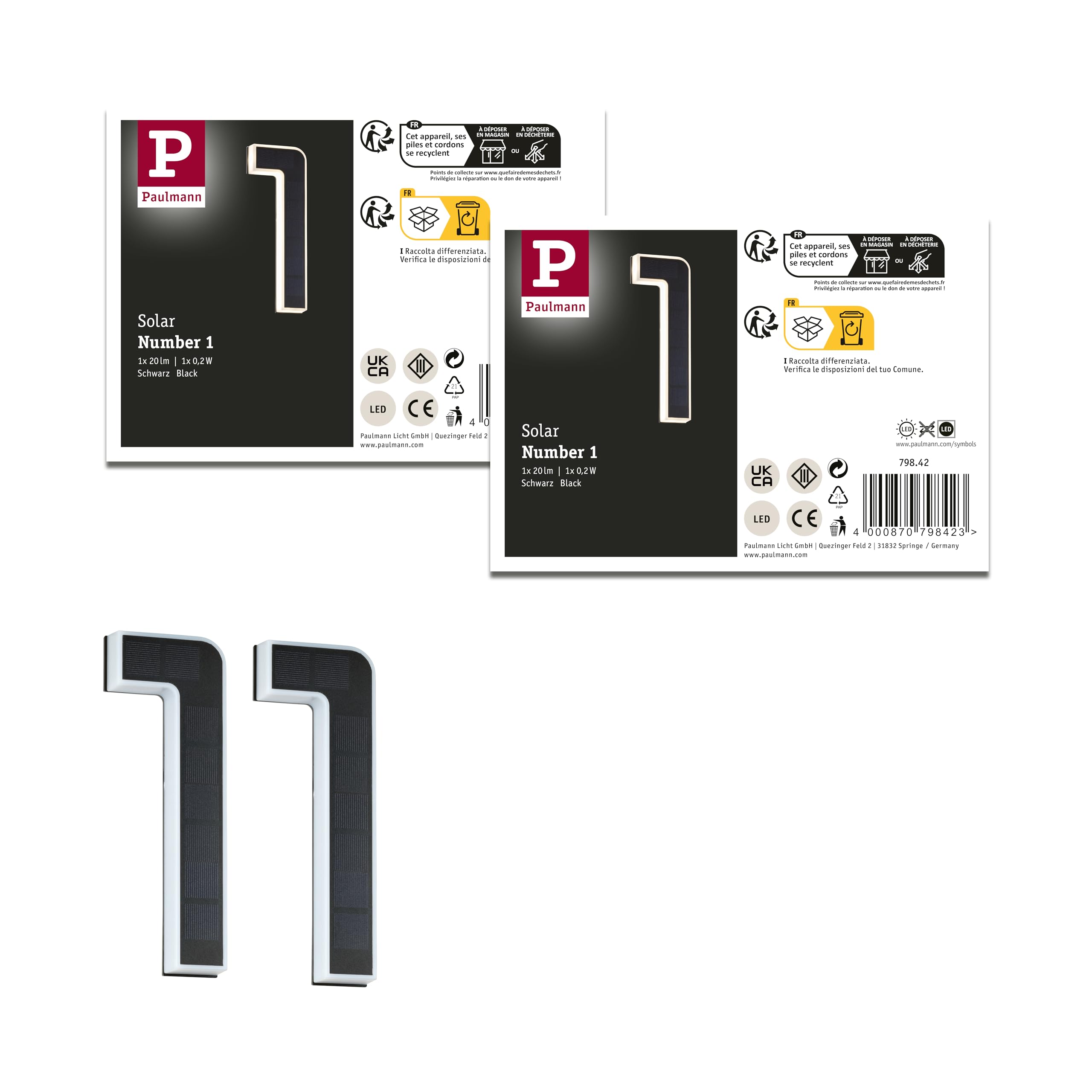 Paulmann 5291 Set Solar LED Hausnummernleuchte inkl. wechselbarer Akku Nummer 11 3000K 2x6lm 2x0,2W Schwarz