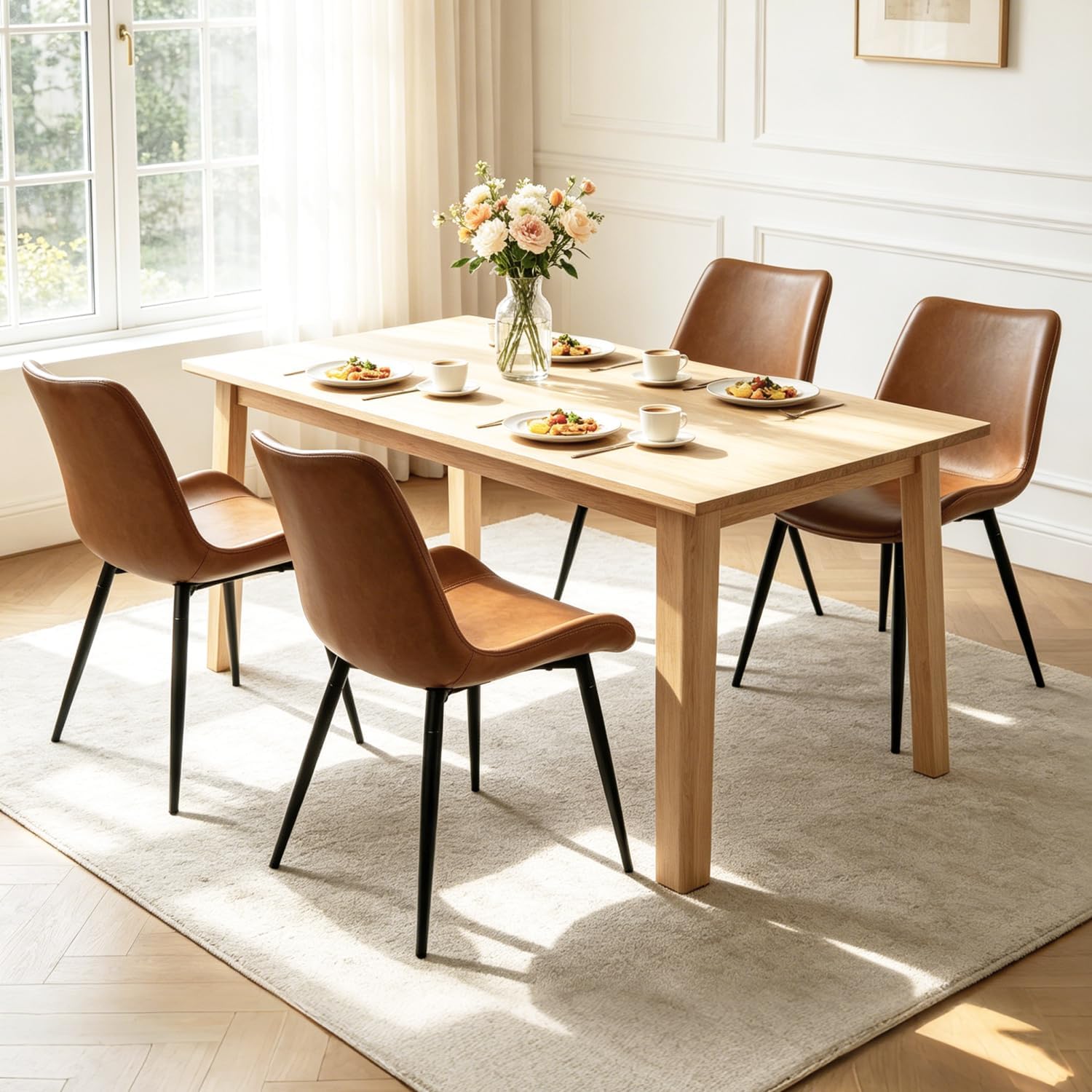 CangLong Brown Dining Chairs Set of 2 with Faux Leather Cushion Seat, Upholstered Armless Accent Chairs with Comfy Back and Sturdy Black Metal Legs for Living, Restaurant & Meeting Room, Brown