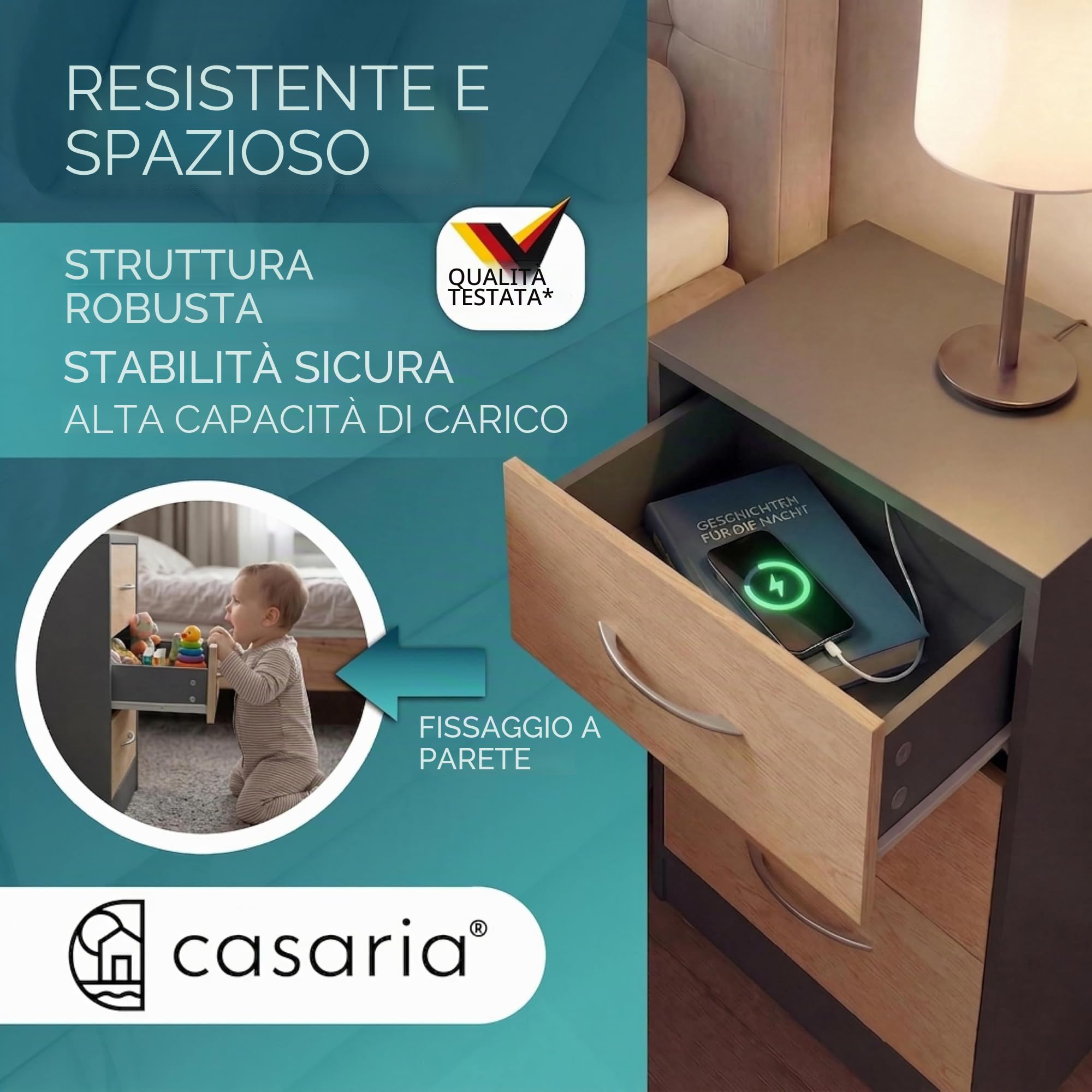 Casaria® Comodino Set da 2 54x39x28cm in Legno 3 Cassetti Camera Letto Tavolino da Notte Comodini Antracite