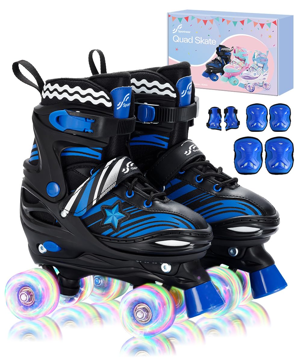 Sportneer Kids Roller Skates, 4 Adjustable Light up Roller Skates for Girls Boys Kids Toddlers Beginners, Kids Skates with Protective Gear Set Gift for Indoor & Outdoor Use