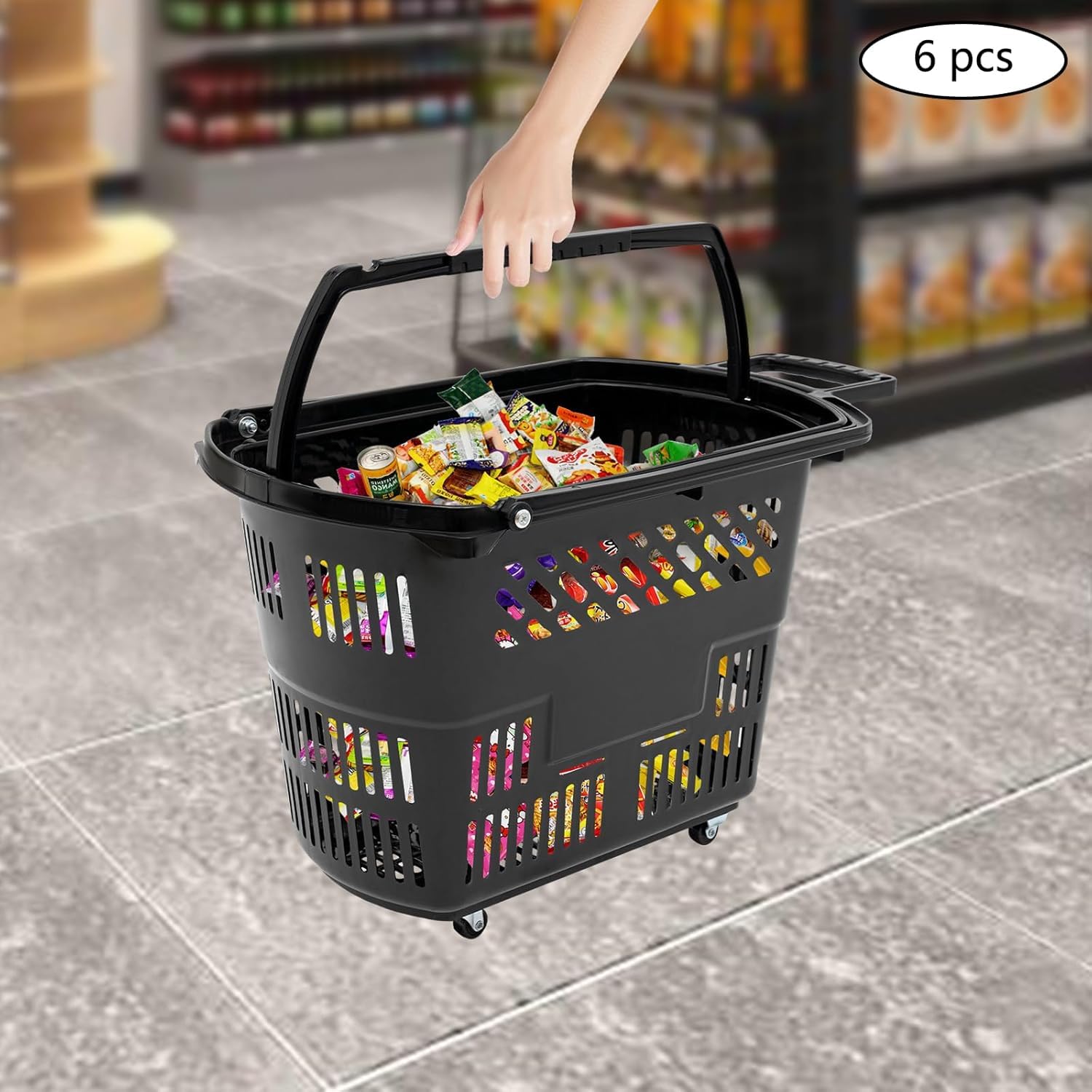 Paquete De 6 Cestas De La Compra Portátiles con Ruedas, Apilables, De 34 litros (9 Galones) para Supermercados, Tiendas Minoristas Y Mercados De Agricultores, Capacidad De 50 Kg (110 Libras