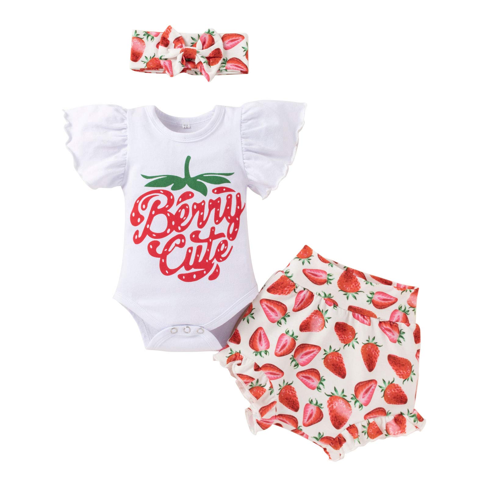 Newborn Baby Girls Clothes Strawberry Ruffles Sleeves Summer Romper Floral Bottoms Shorts Headband 3pcs Outfits Set Infant Girl First Birthday Coming Home Outfits Pants Set Red Strawberry 3-6 Months