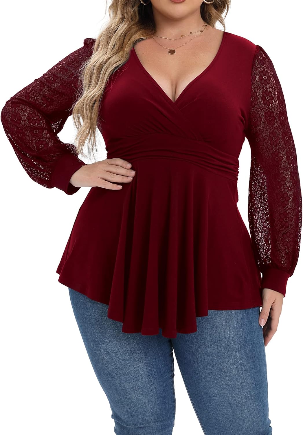 Plus Size Tops for Women Lace Long Sleeve Fall Shirts Casual Dressy Wrap V Neck Pleated Tunic Top