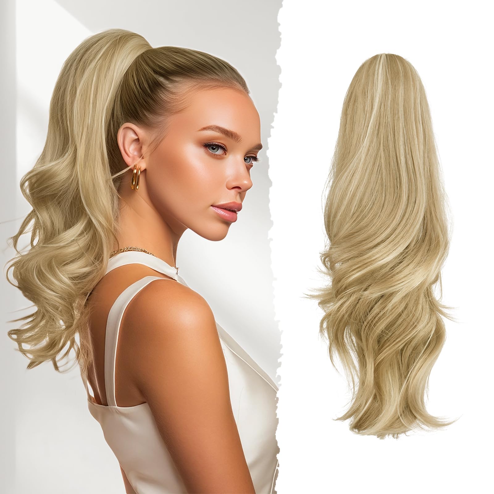 Sofeiyan Queue de Cheval Longue et Ondulée avec Pince, Extension de Queue de Cheval à Double Usage, 41 cm Synthétique Pince à de Ponytail Cheveux pour Femmes, Blond Miel avec des Mèches Blond Platine