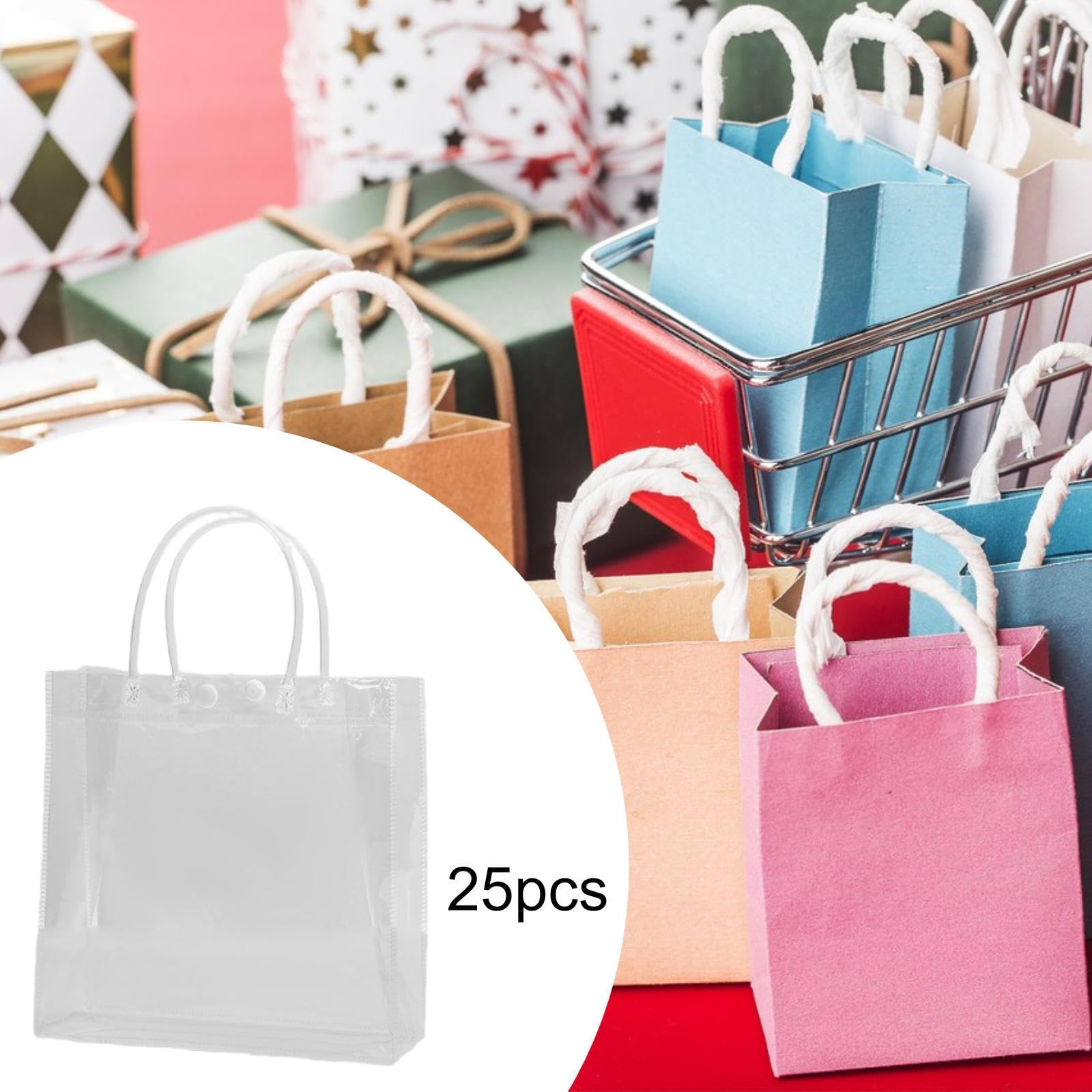 25 Pezzi Party Tote Bags Trasparenti con Manici Decorativi PVC Sacchetti Regalo Riutilizzabili per Confezioni E Caramelle Accessori Adatti a Regali Ev, 20x20cm
